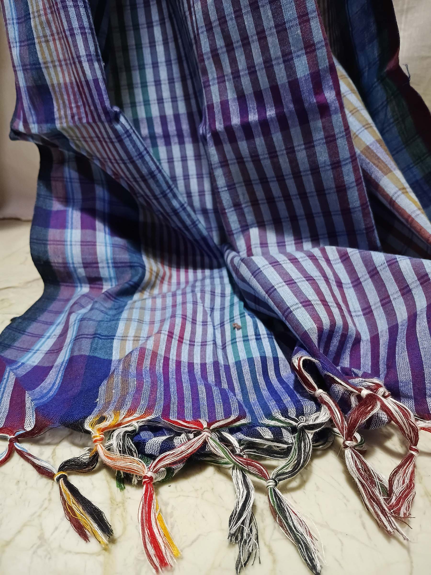 Contemporary Gamchha Cotton Saree – Teal Maroon Check