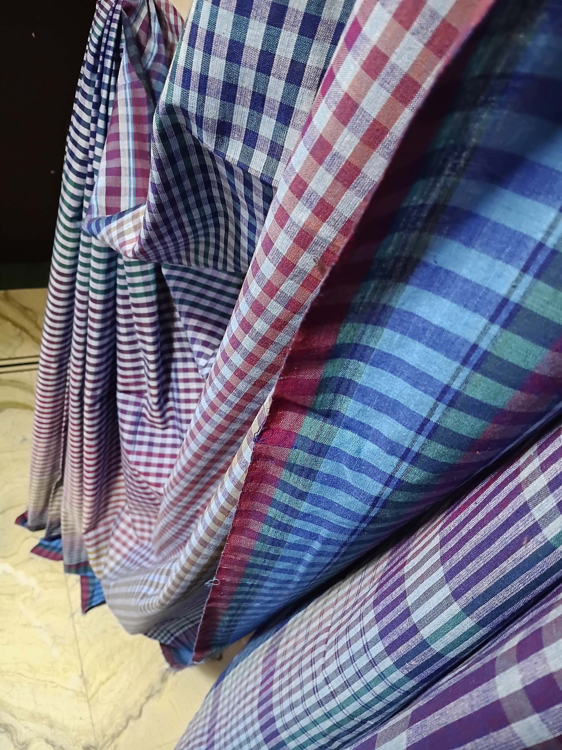 Contemporary Gamchha Cotton Saree – Teal Maroon Check