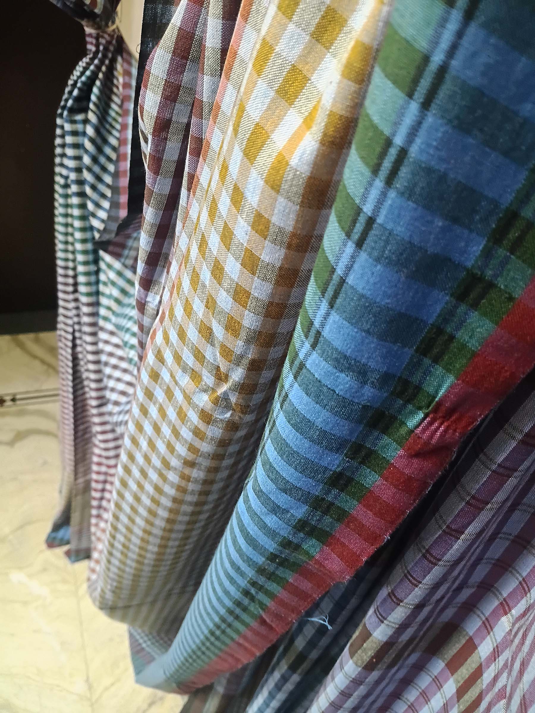 Contemporary Gamchha Cotton Saree – Mustard Teal Check