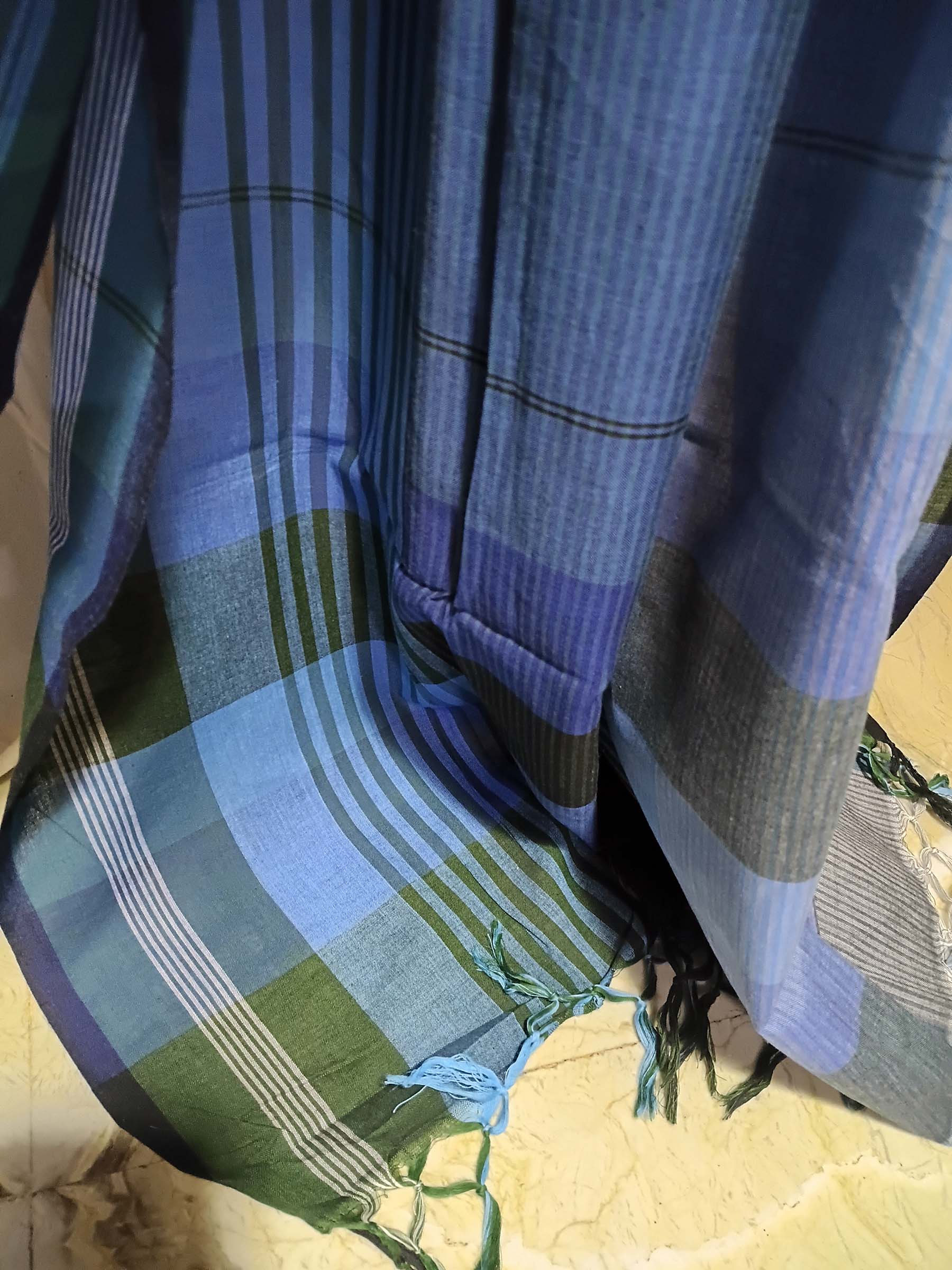 Contemporary Gamchha Cotton Saree – Soft Blue Teal Stripe