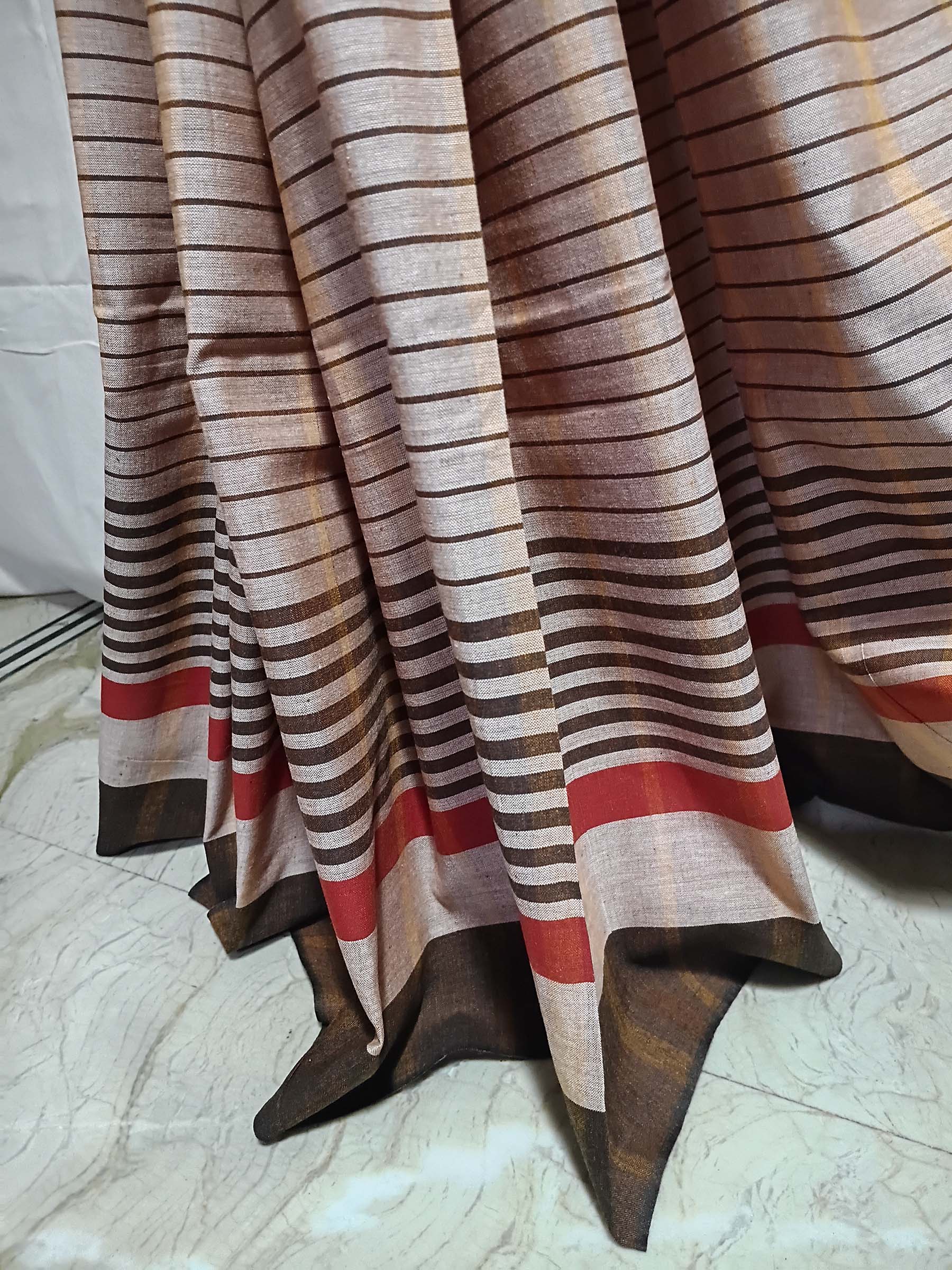 Contemporary Gamchha Cotton Saree – Beige Brown Stripe