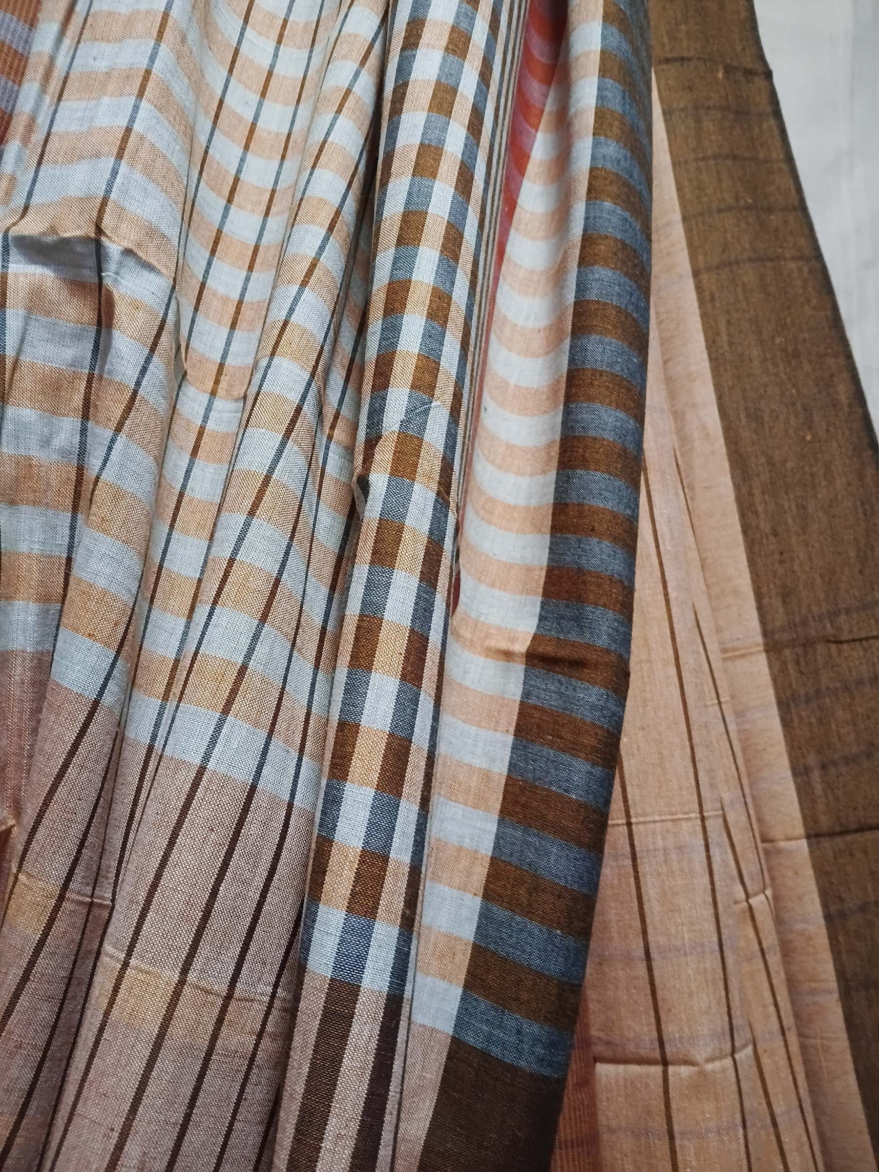 Contemporary Gamchha Cotton Saree – Beige Brown Stripe