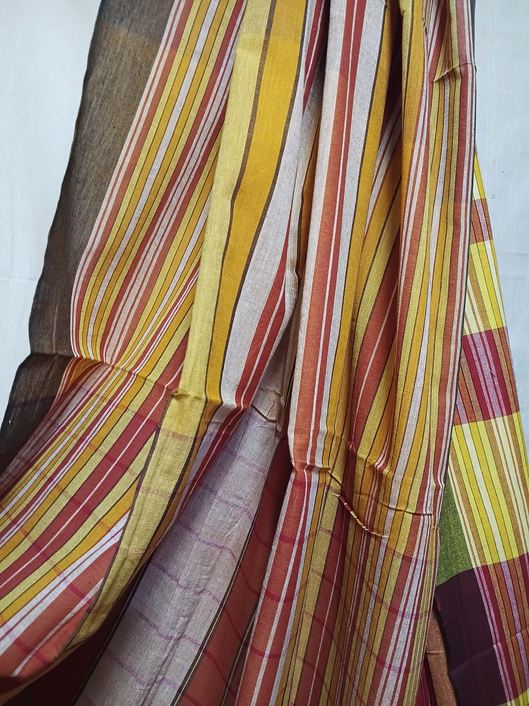 Contemporary Gamchha Cotton Saree – Mustard Red Multistripe