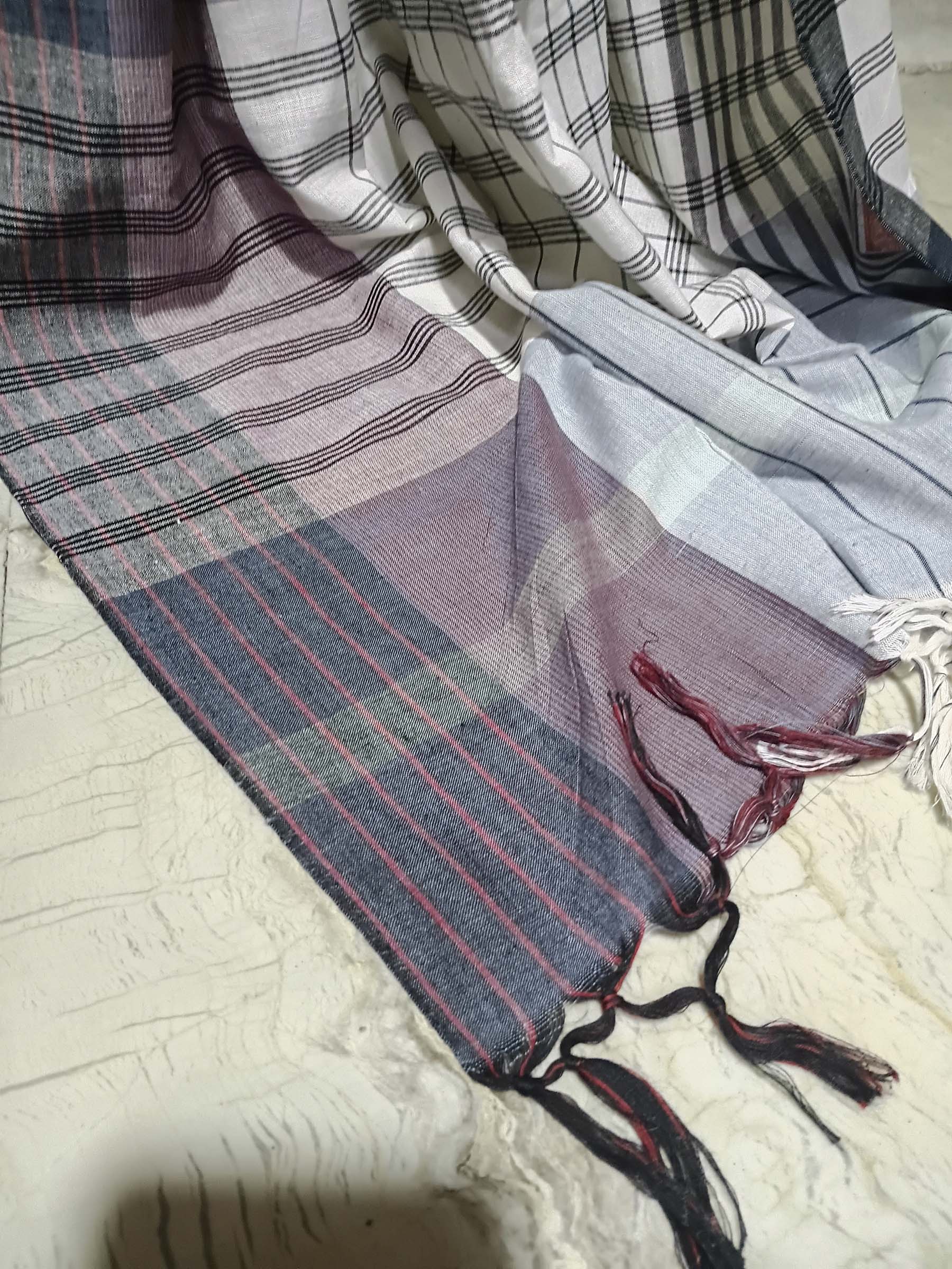 Contemporary Gamchha Cotton Saree – Grey White Linear Check