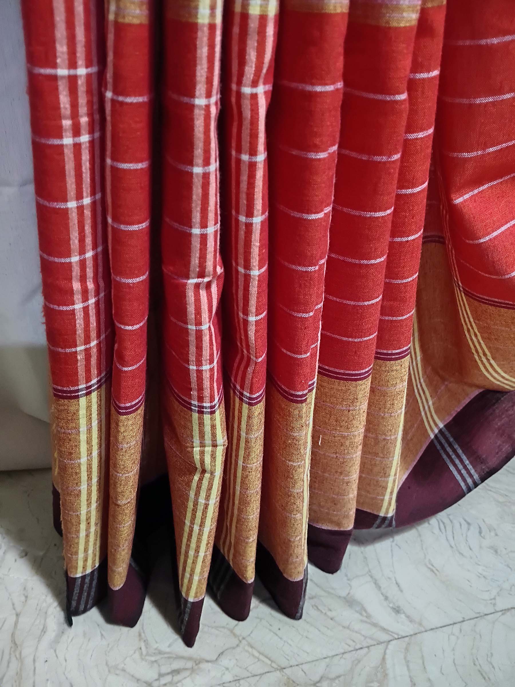 Contemporary Gamchha Cotton Saree – Red Lime Check