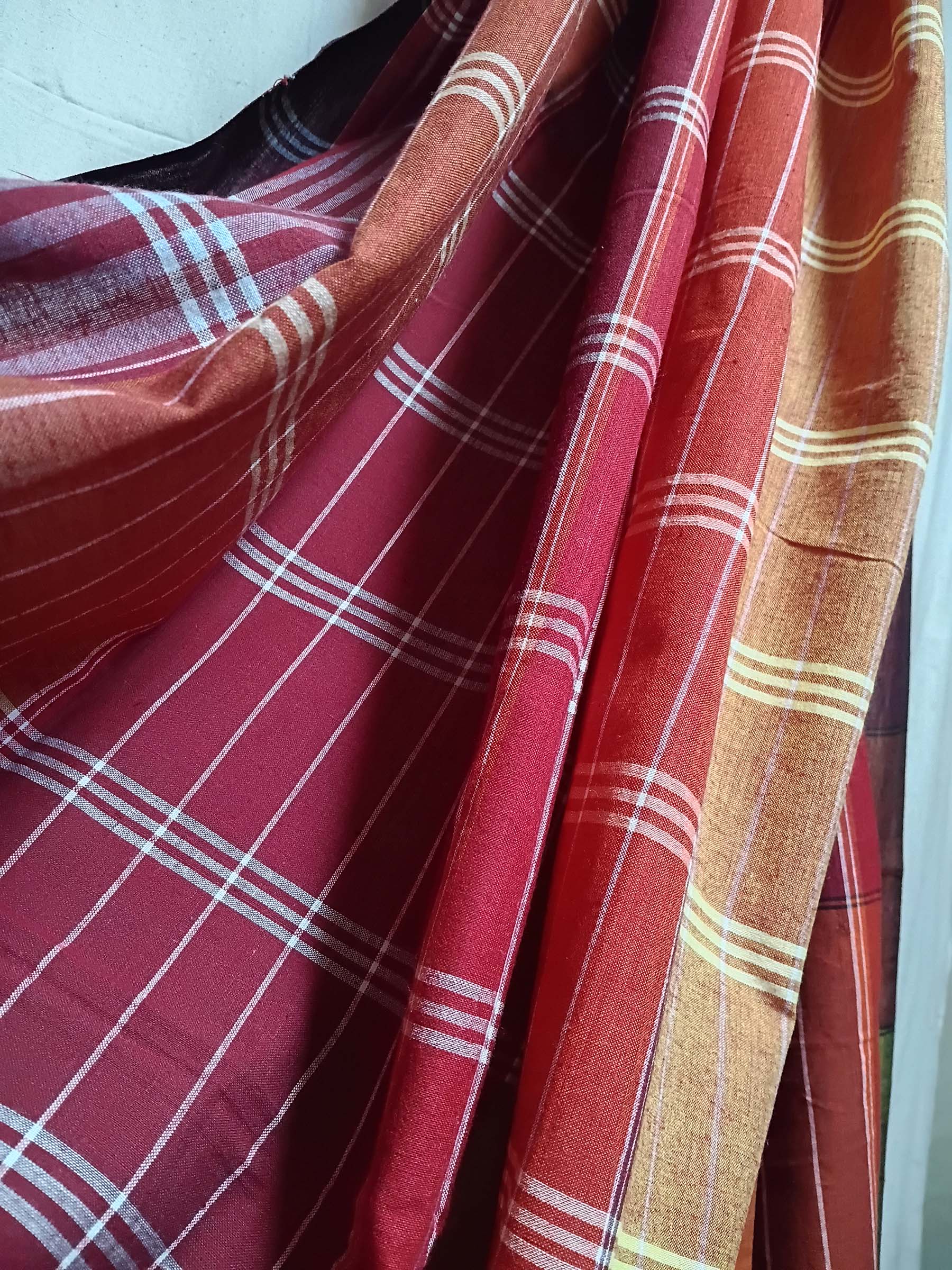 Contemporary Gamchha Cotton Saree – Red Lime Check