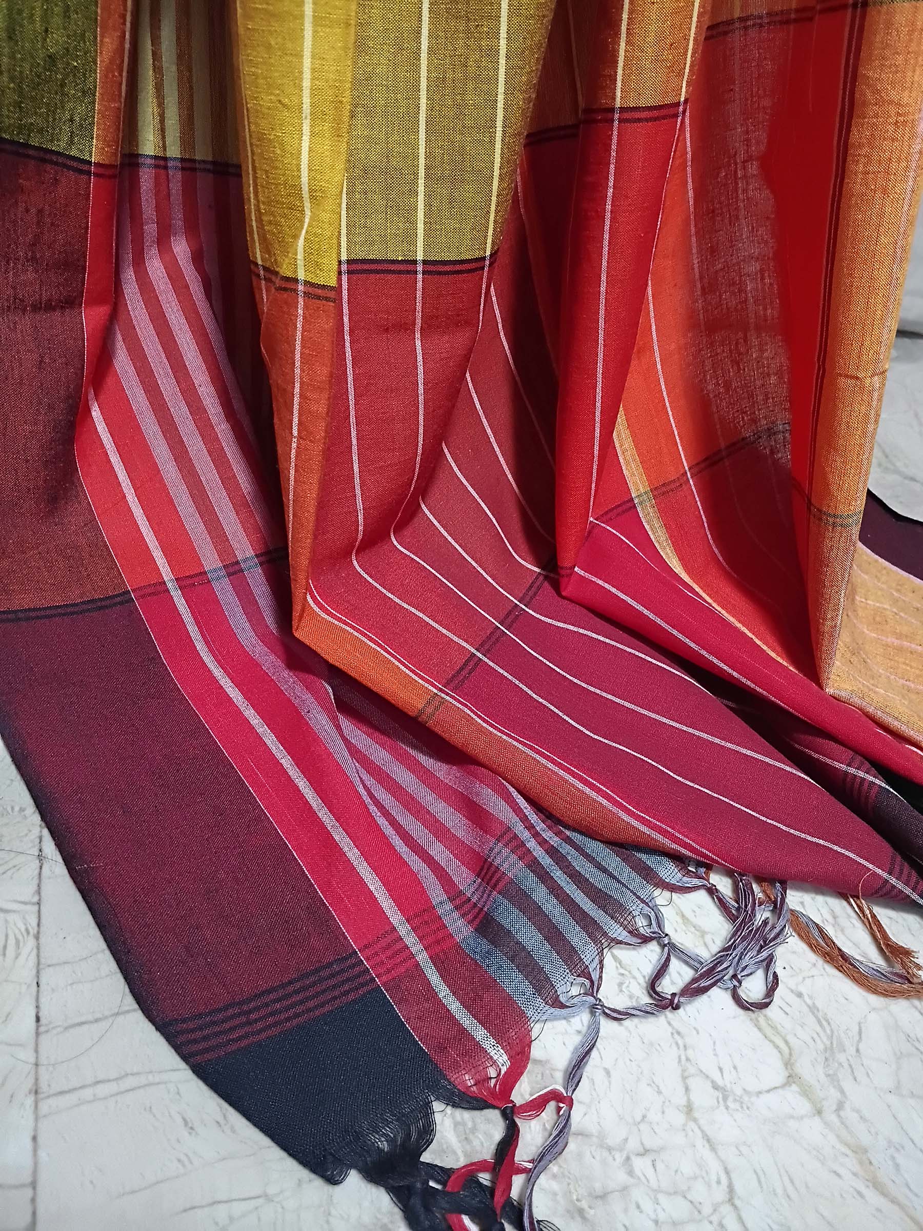 Contemporary Gamchha Cotton Saree – Red Lime Check