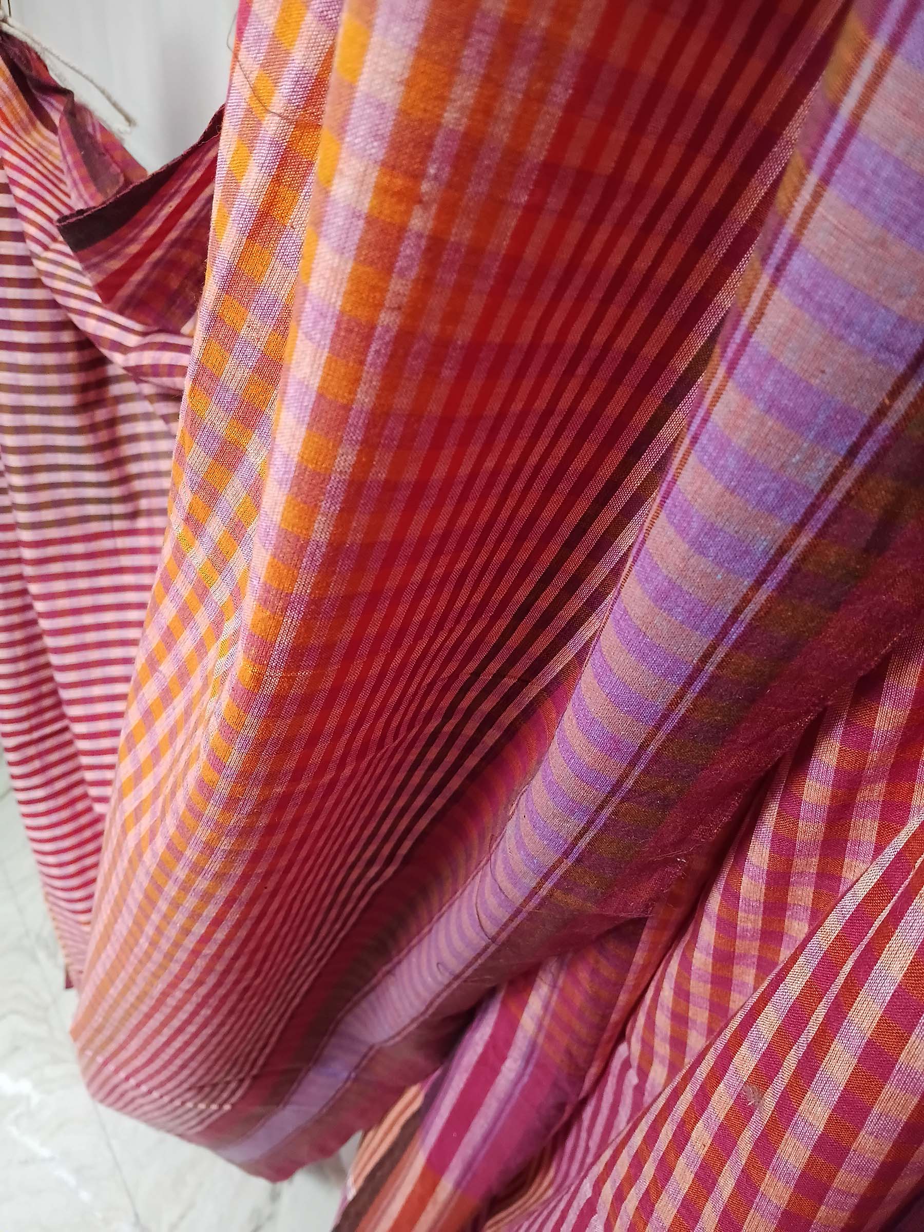 Contemporary Gamchha Cotton Saree – Red Coral Stripe