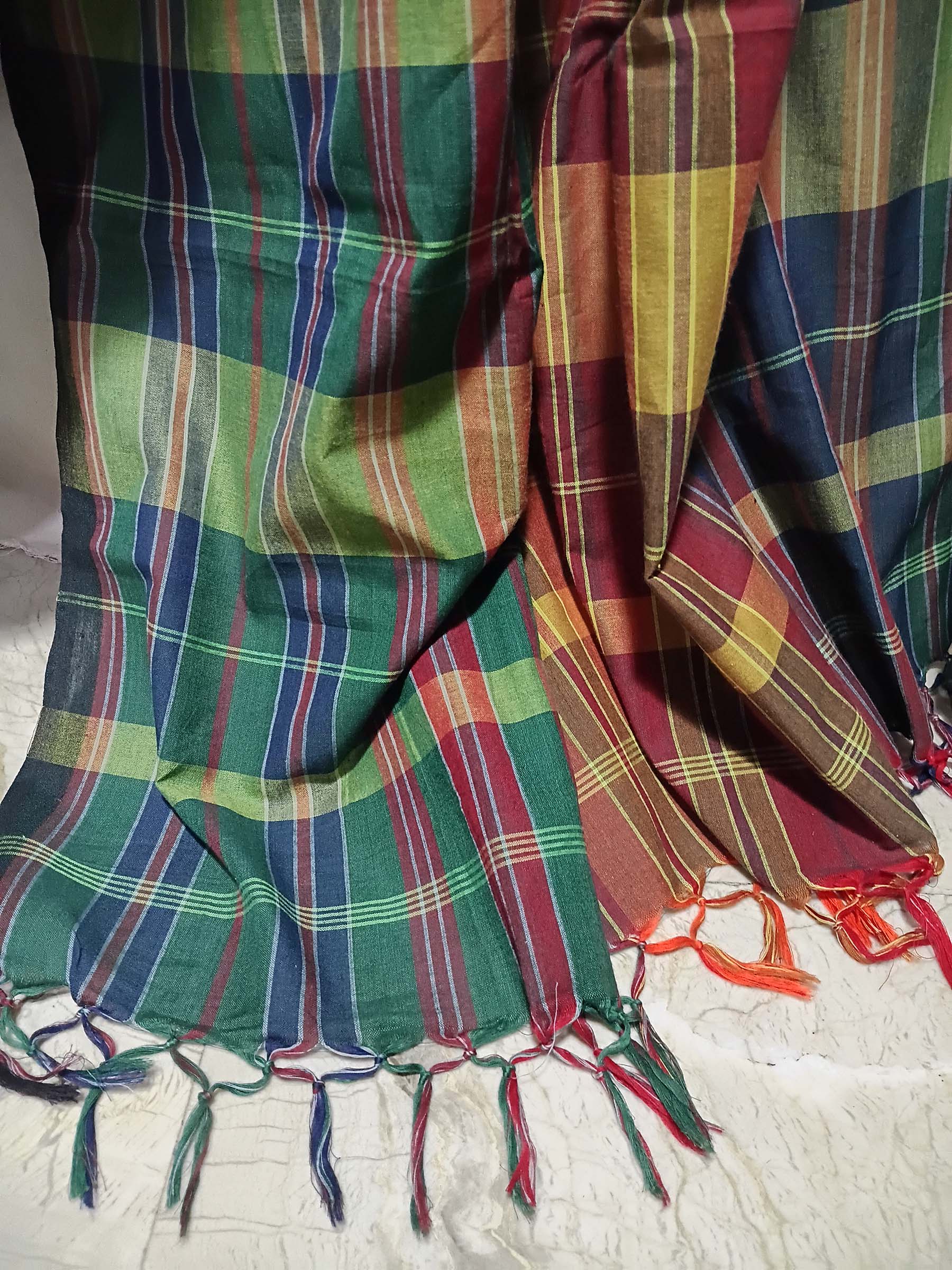 Contemporary Gamchha Cotton Saree – Forest Red Check