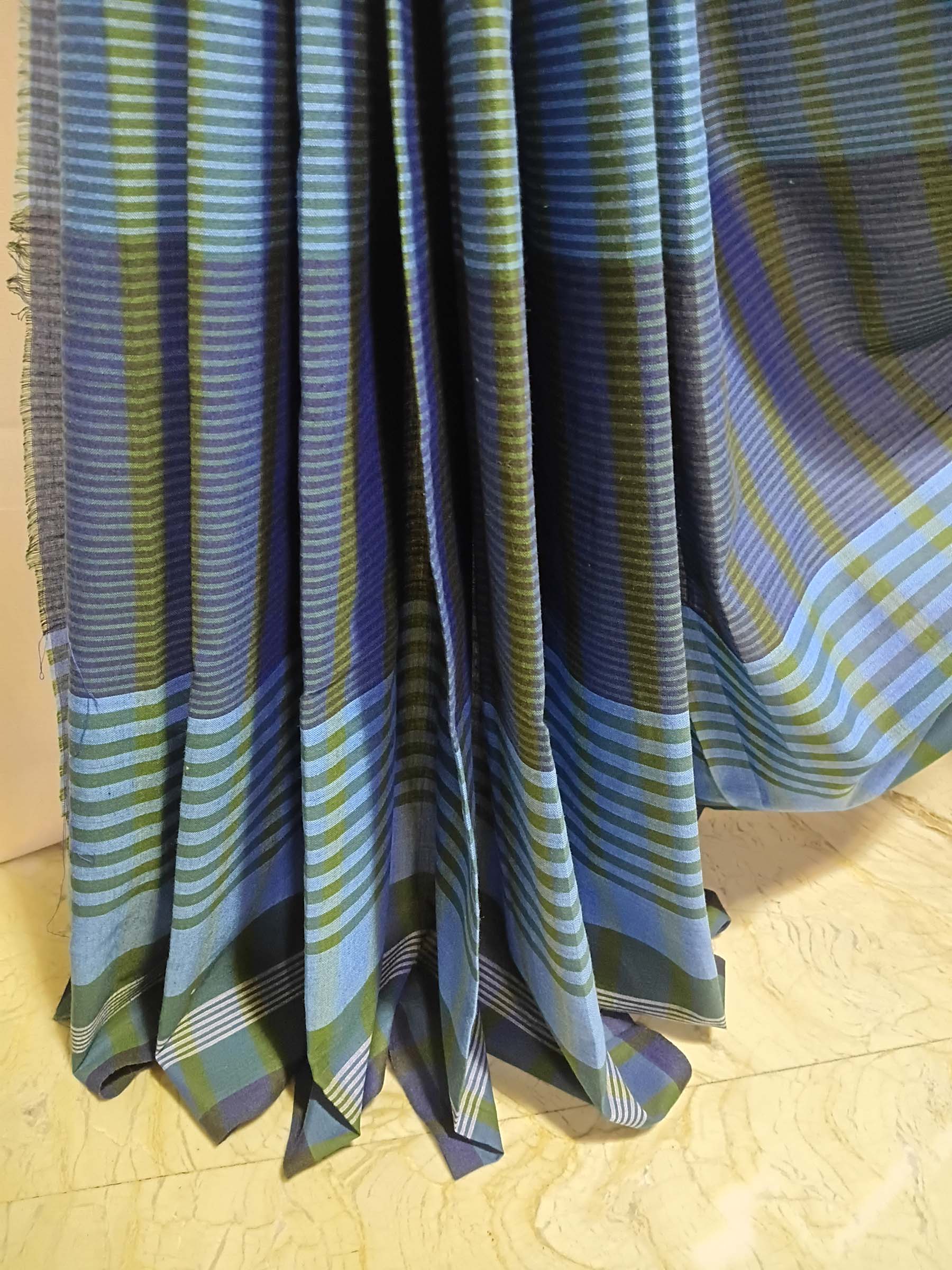 Contemporary Gamchha Cotton Saree – Blue Green Stripe