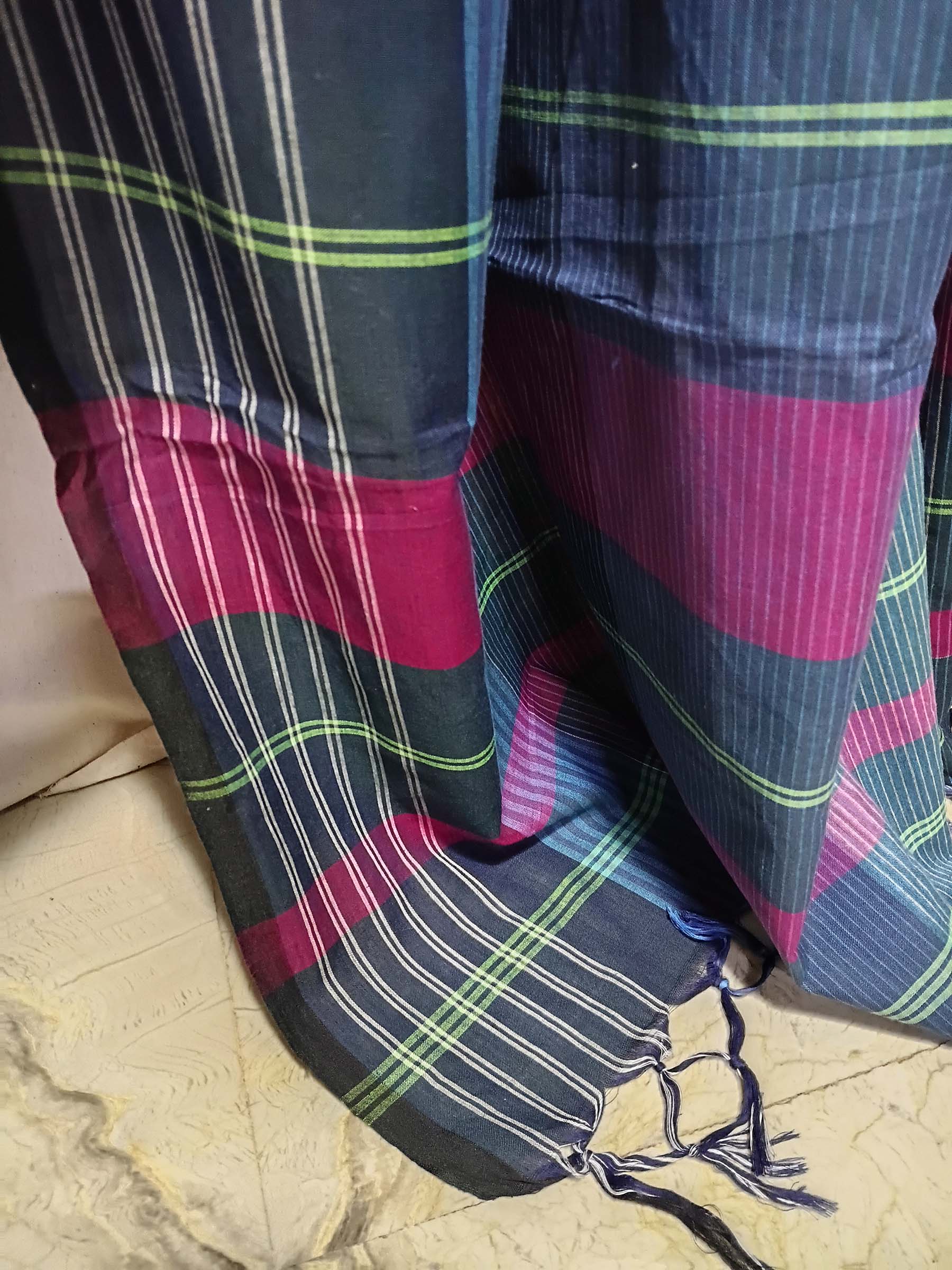 Contemporary Gamchha Cotton Saree – Teal Magenta Stripe