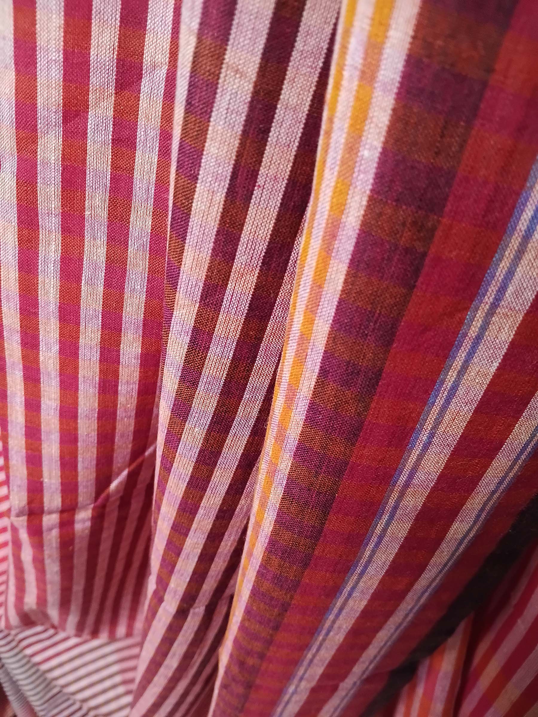 Contemporary Gamchha Cotton Saree – Coral Red Stripe