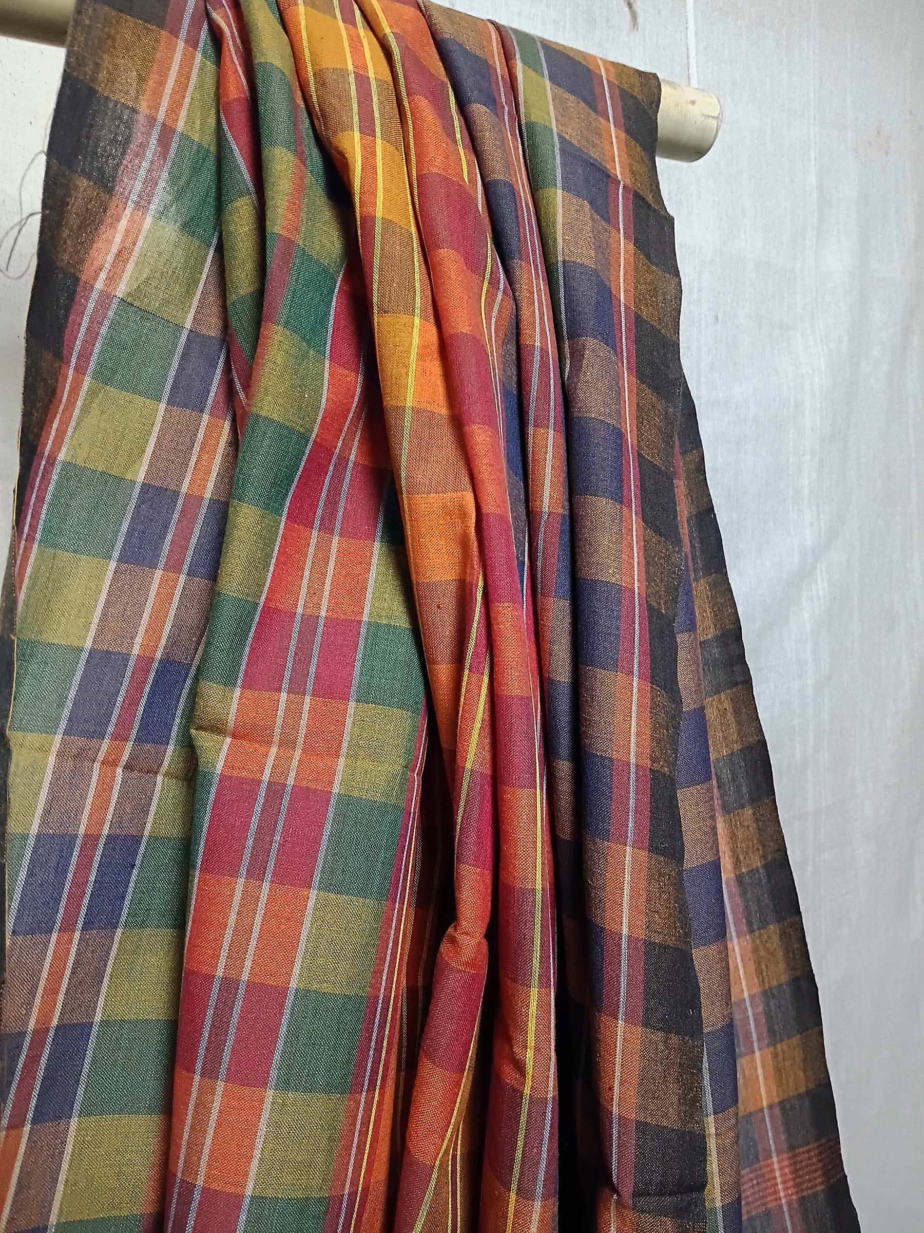 Contemporary Gamchha Cotton Saree – Olive Rust Check