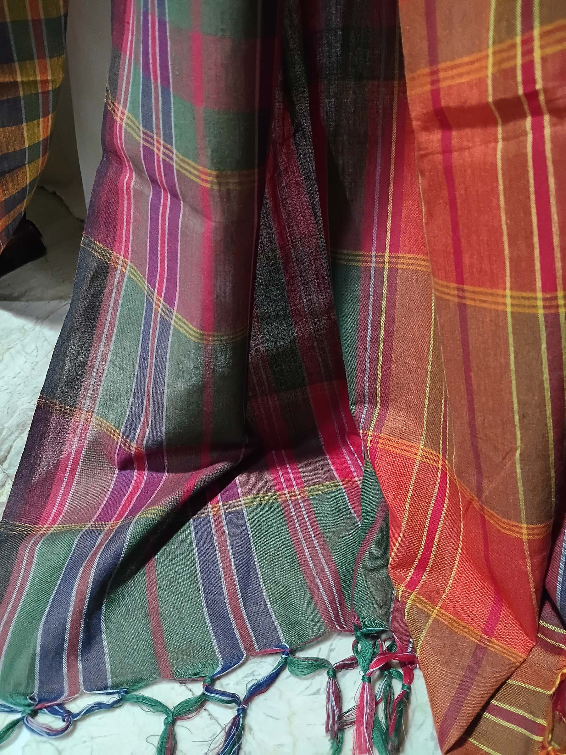 Contemporary Gamchha Cotton Saree – Olive Rust Check