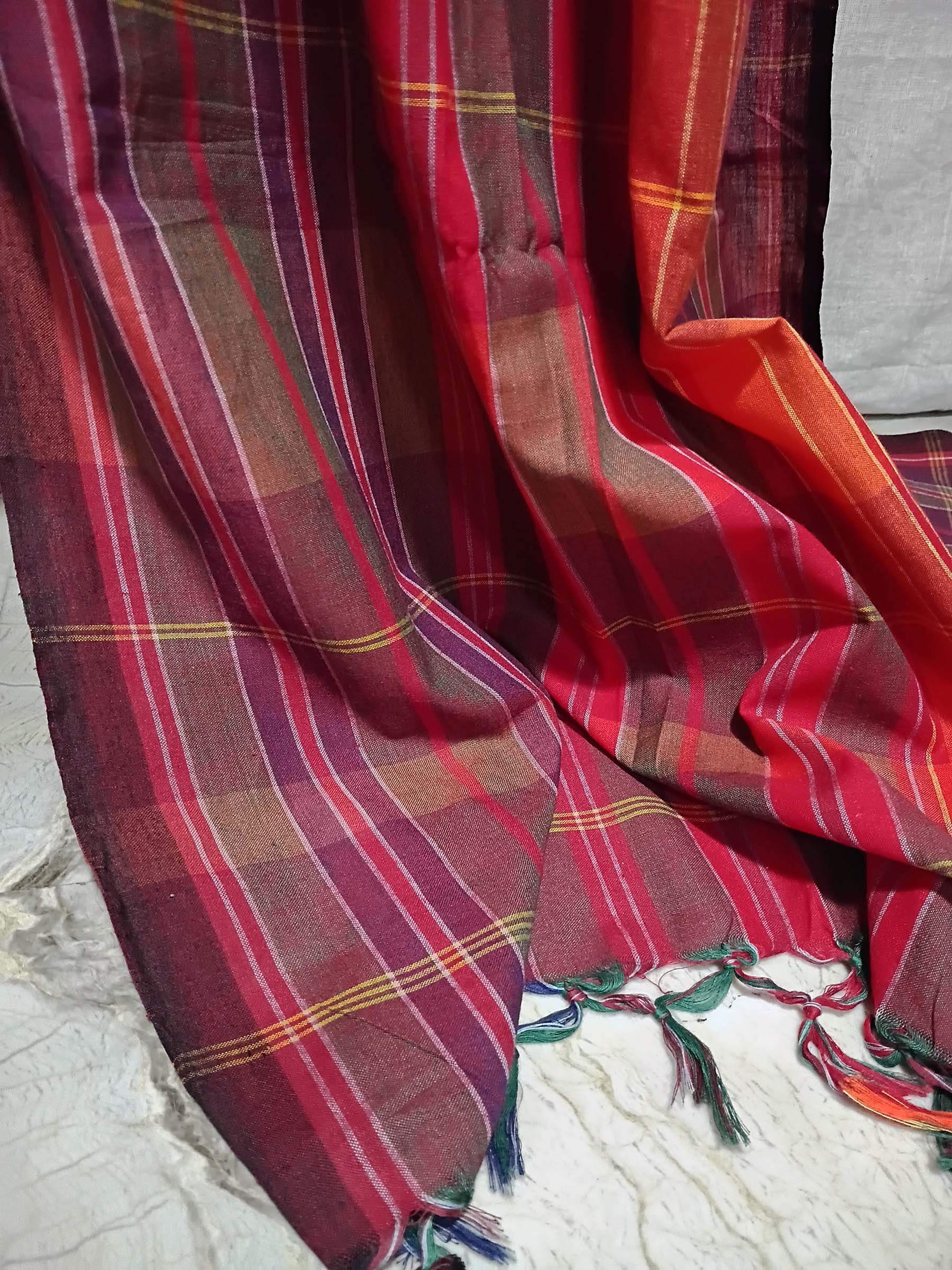 Contemporary Gamchha Cotton Saree – Maroon Red Check
