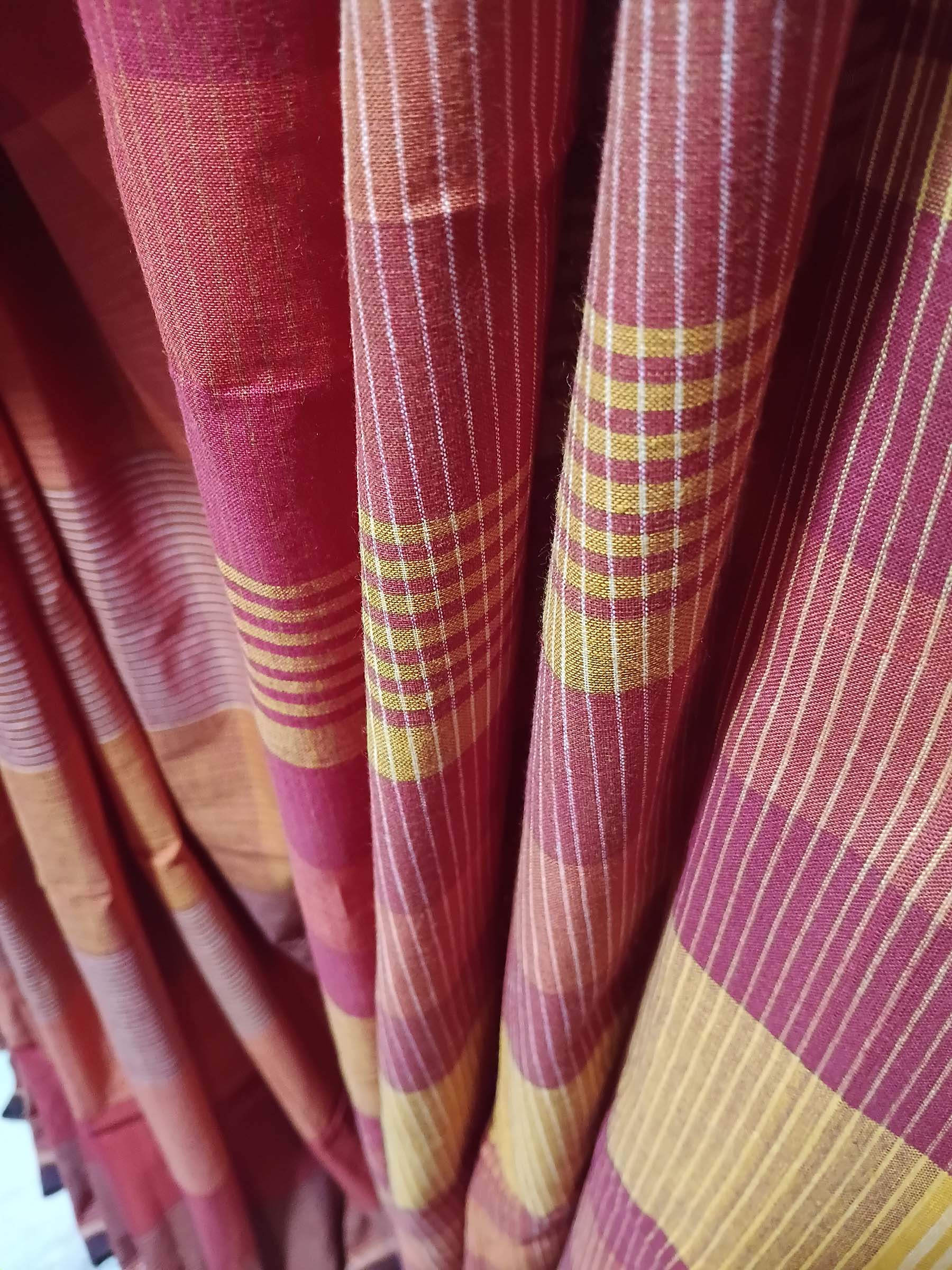 Contemporary Gamchha Cotton Saree – Mustard check pallu.