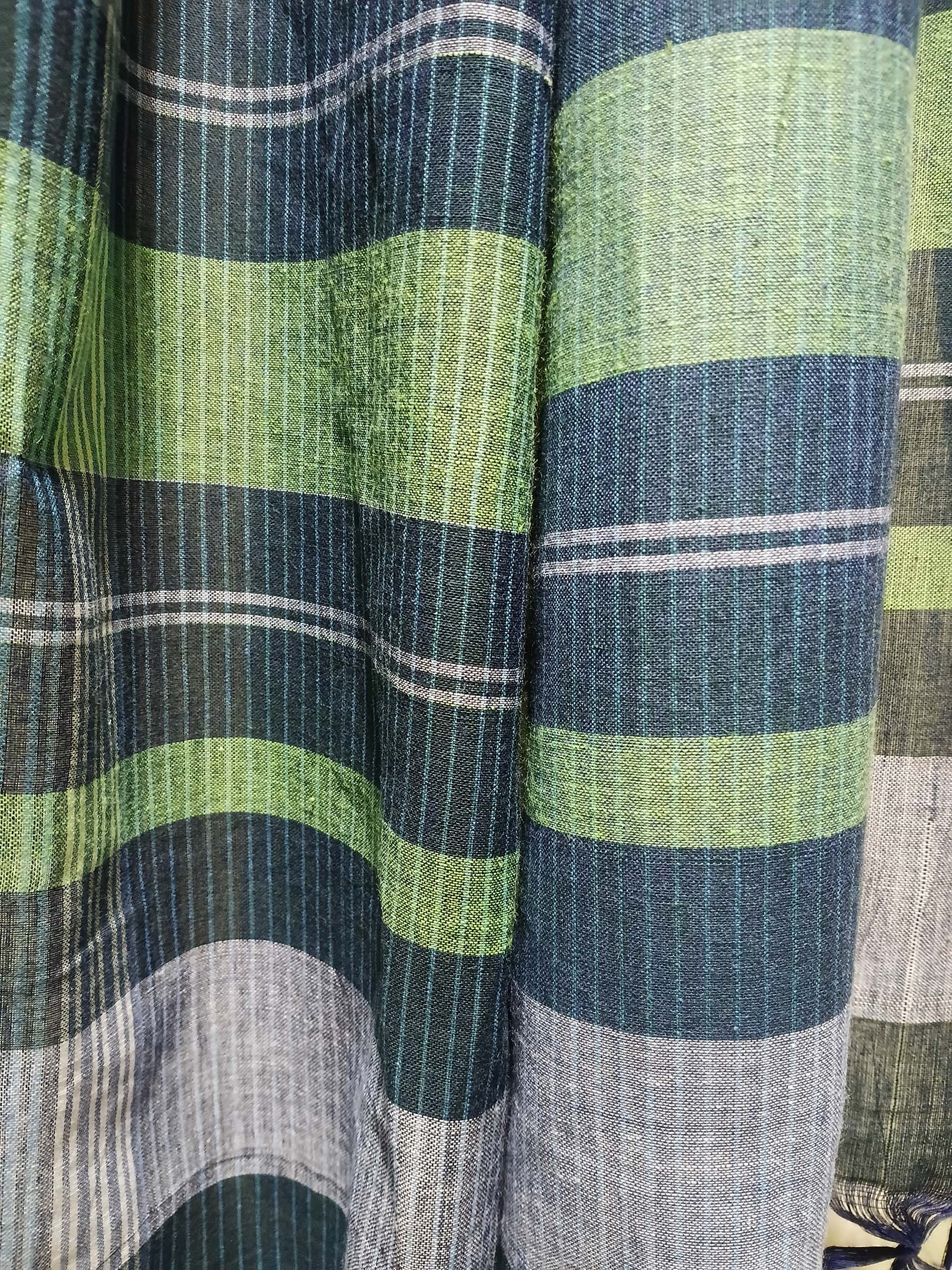 Contemporary Gamchha Cotton Saree – Green Blue Stripes
