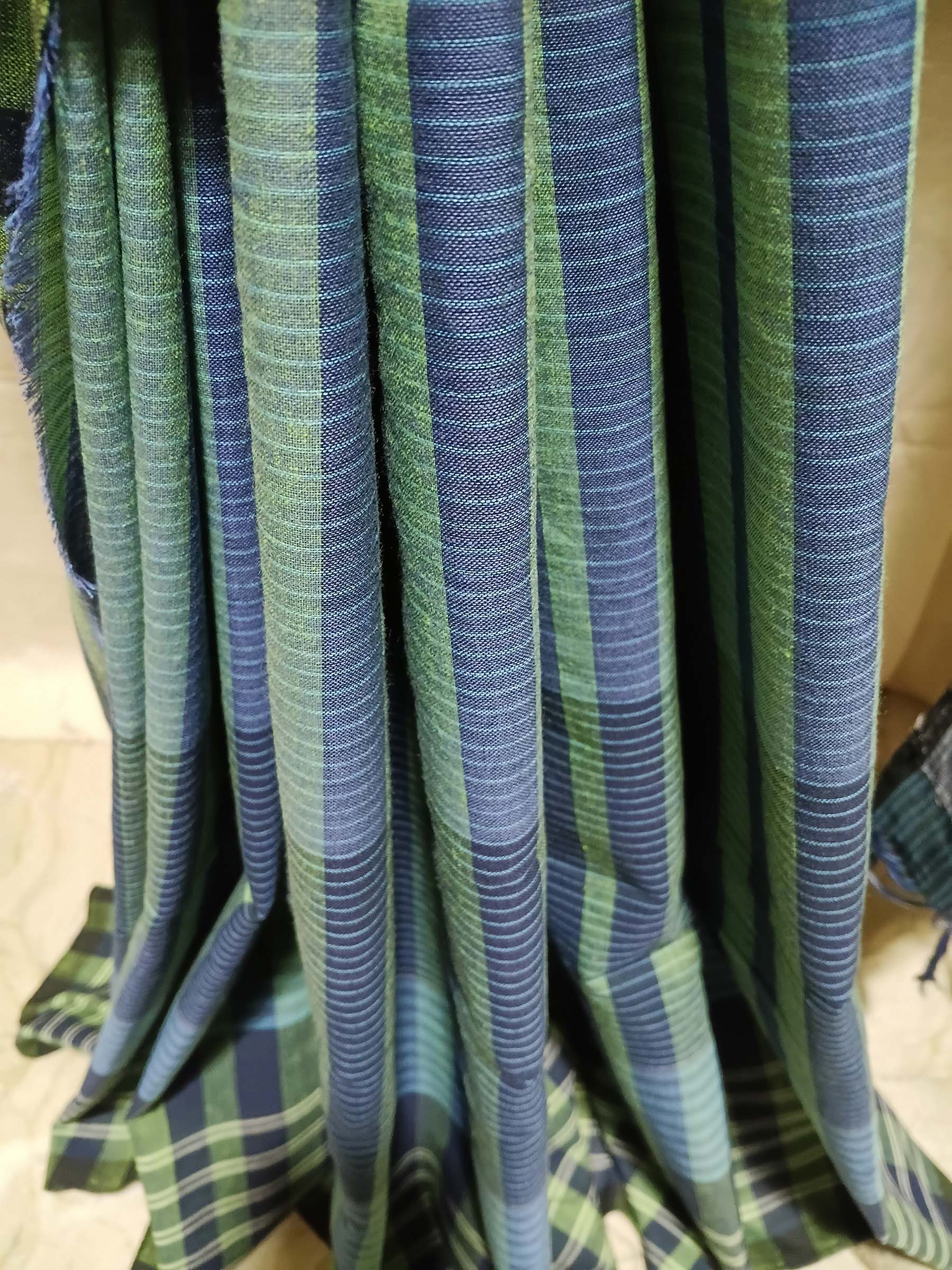 Contemporary Gamchha Cotton Saree – Green Blue Stripes