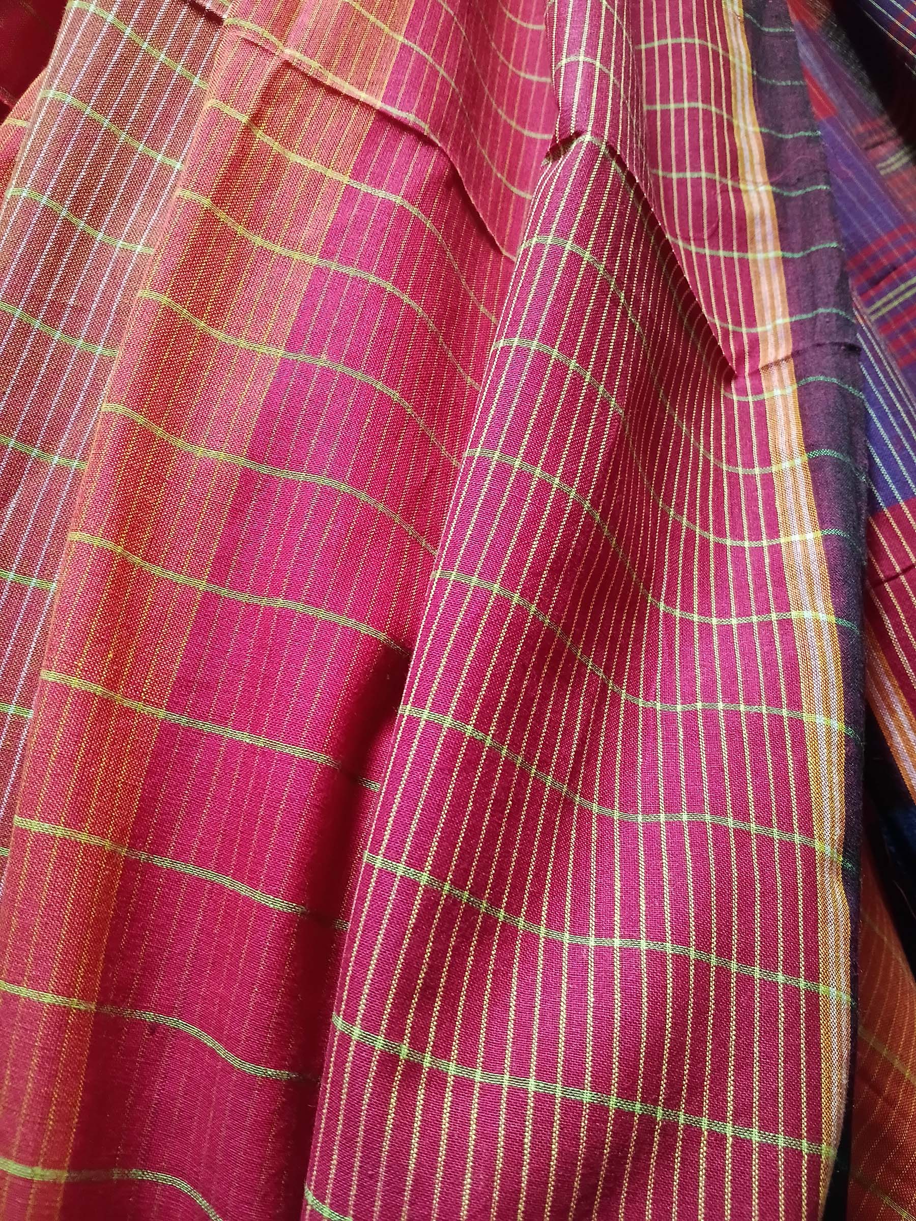 Contemporary Gamchha Cotton Saree – Crimson Red with Indigo Checks