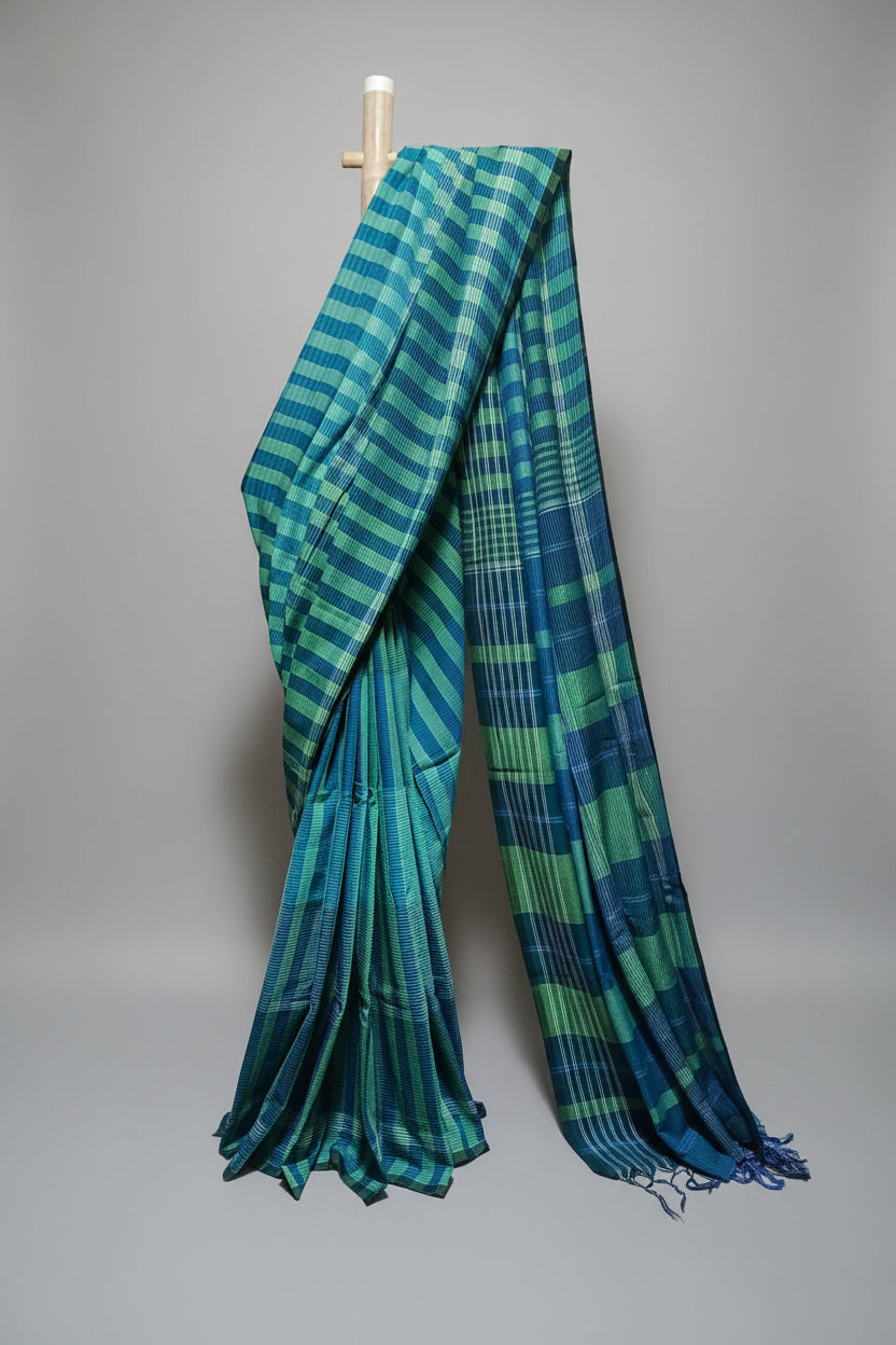 Contemporary Gamchha Cotton Saree – Aqua Green & Deep Blue Checks