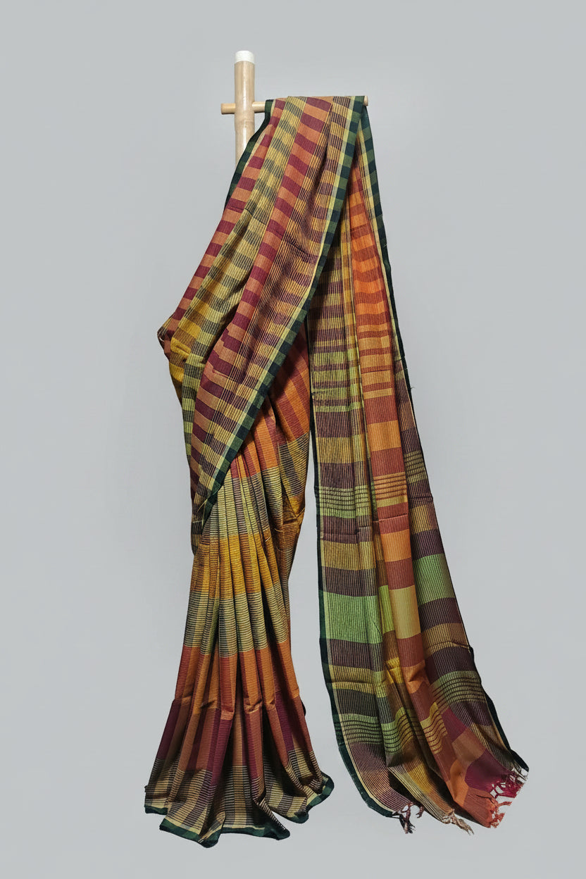 Contemporary Gamchha Cotton Saree – Mustard Yellow & Earth Tone Checks