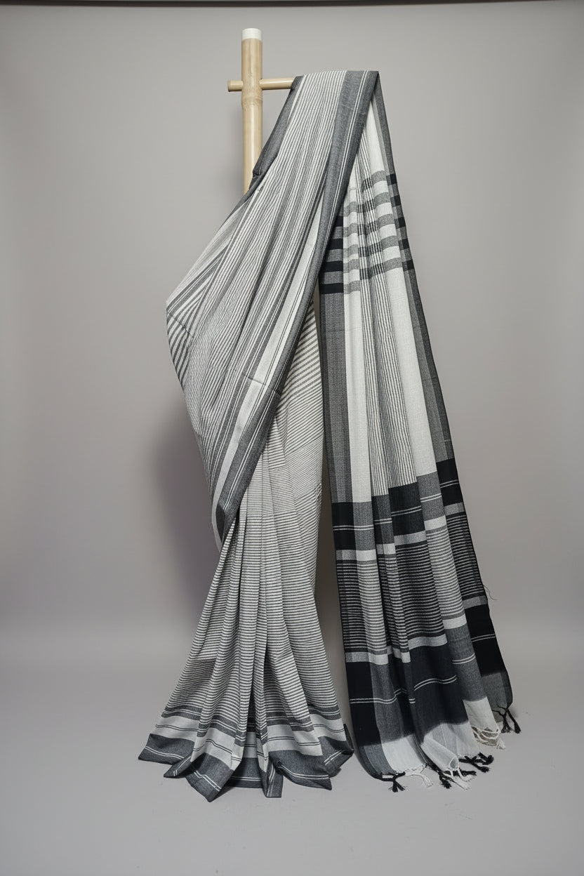 Contemporary Gamchha Cotton Saree – Elegant White & Charcoal Stripes
