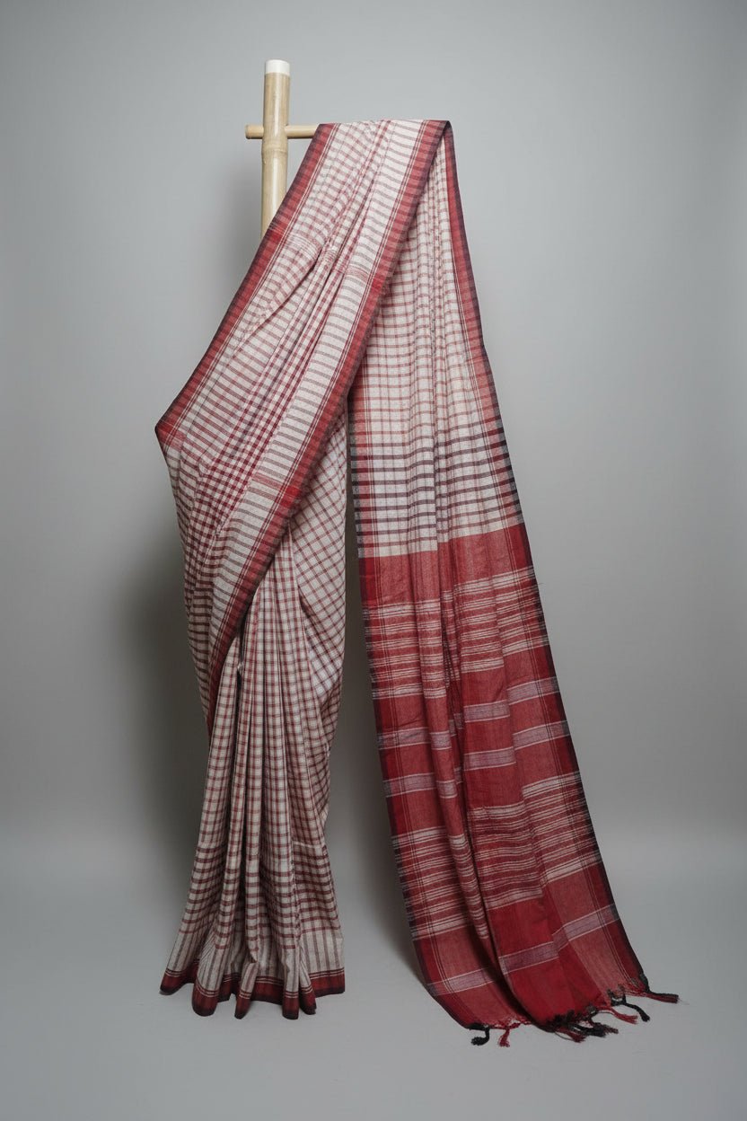 Contemporary Gamchha Cotton Saree – Soft Rose Pink & White Checks