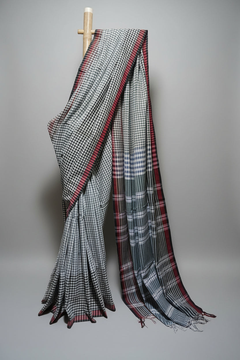 Contemporary Gamchha Cotton Saree – Sage Green & White Fine Checks