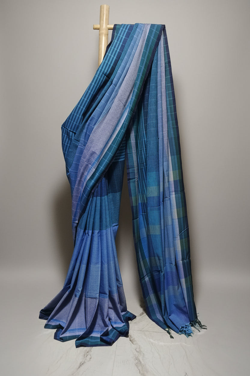 Contemporary Gamchha Cotton Saree – Sky Blue & Teal Checked Handloom Saree