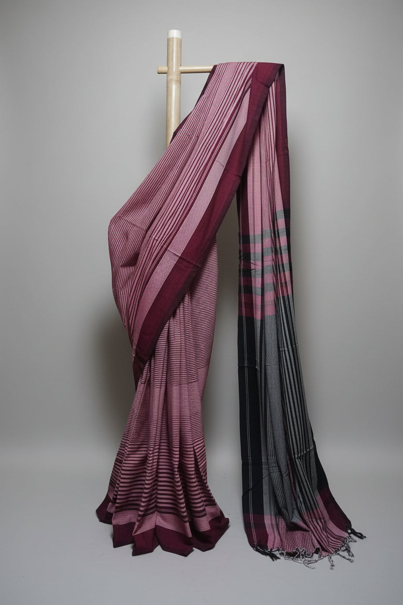 Contemporary Gamchha Cotton Saree – Rose Pink & Charcoal Striped Handloom Saree