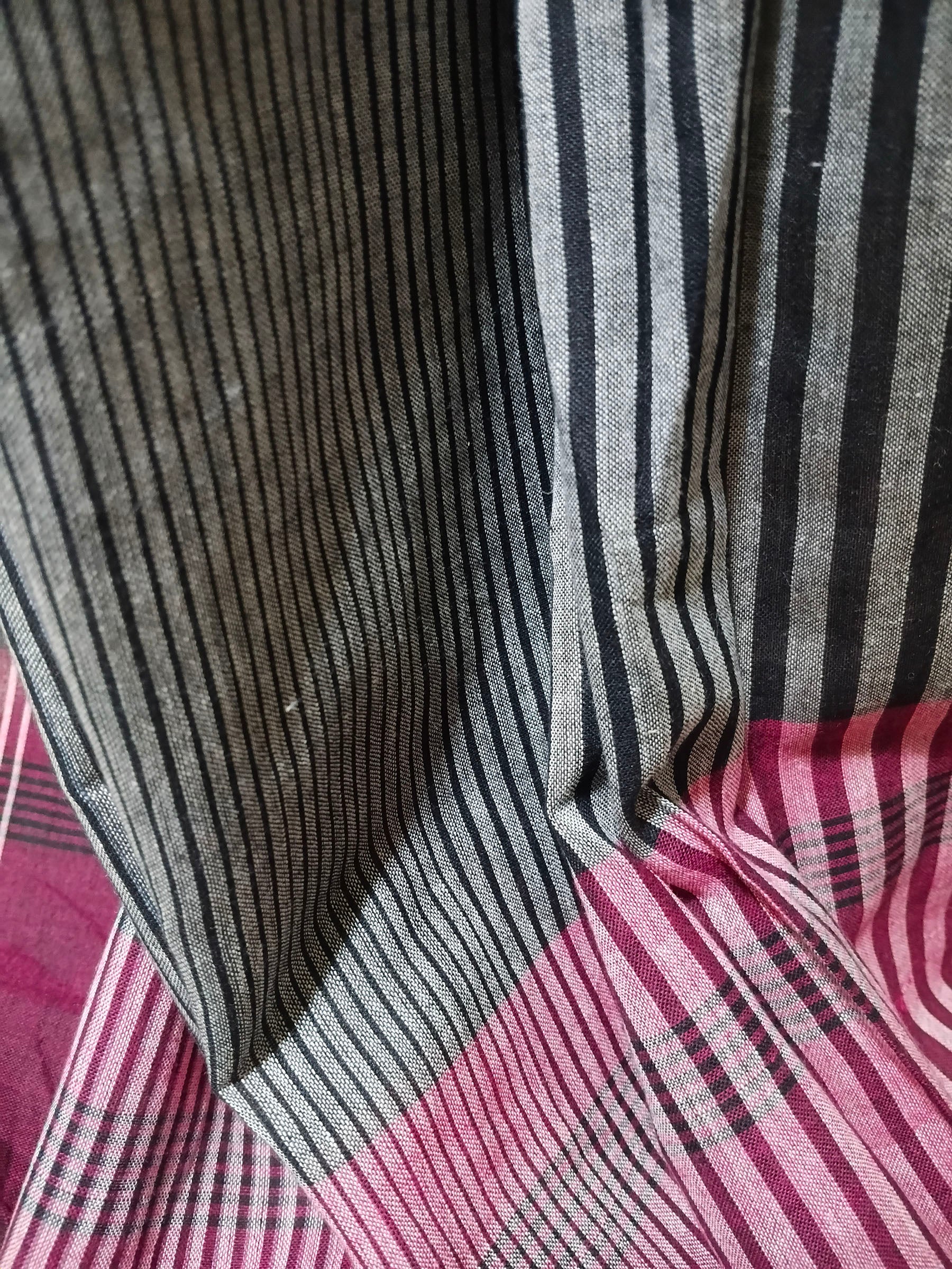 Contemporary Gamchha Cotton Saree – Rose Pink & Charcoal Striped Handloom Saree
