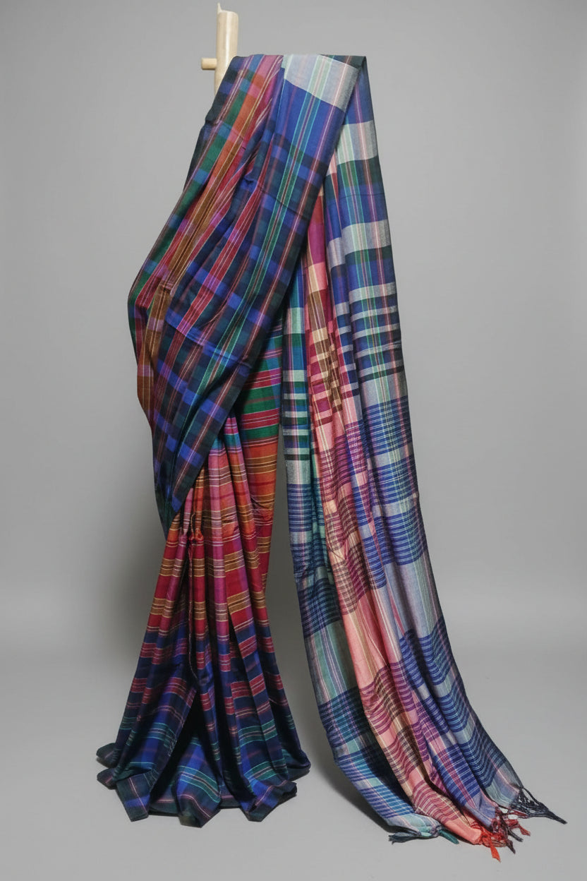 Contemporary Gamchha Cotton Saree – Navy Blue & Multicolour Checked Handloom Saree