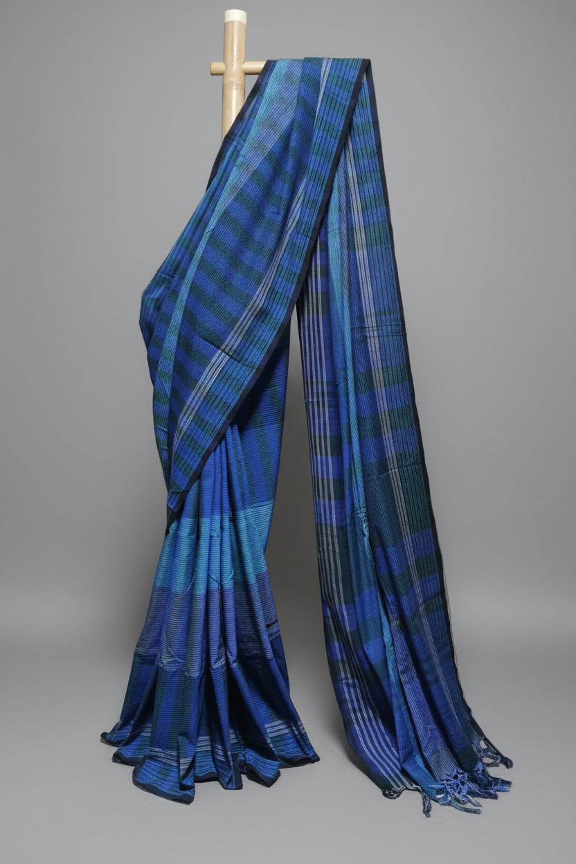 Contemporary Gamchha Cotton Saree – Deep Blue & Teal Checked Handloom Saree