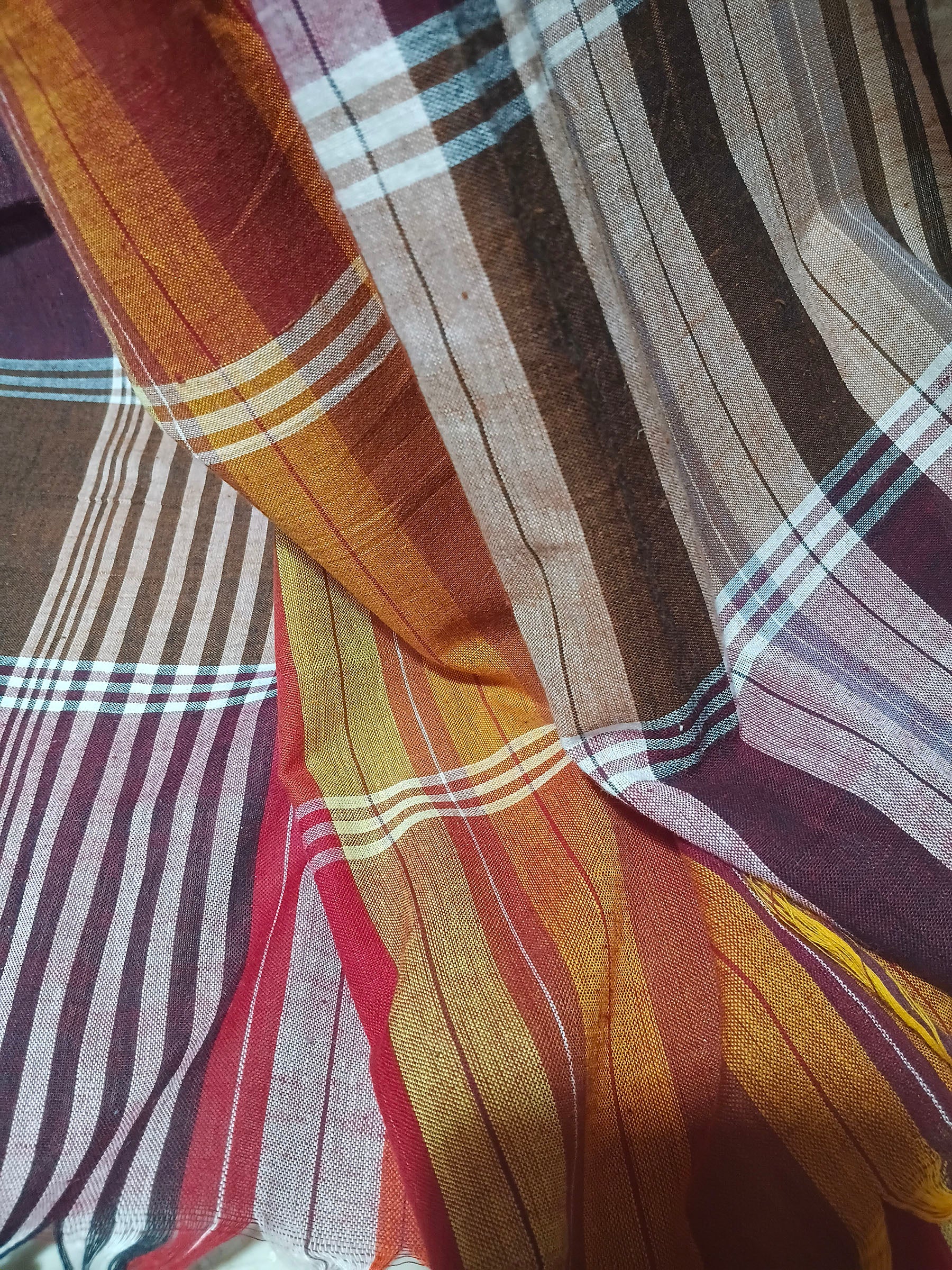 Multicolour Gamchha Cotton Saree – Handwoven Checked Saree in Rust, Plum & Mustard