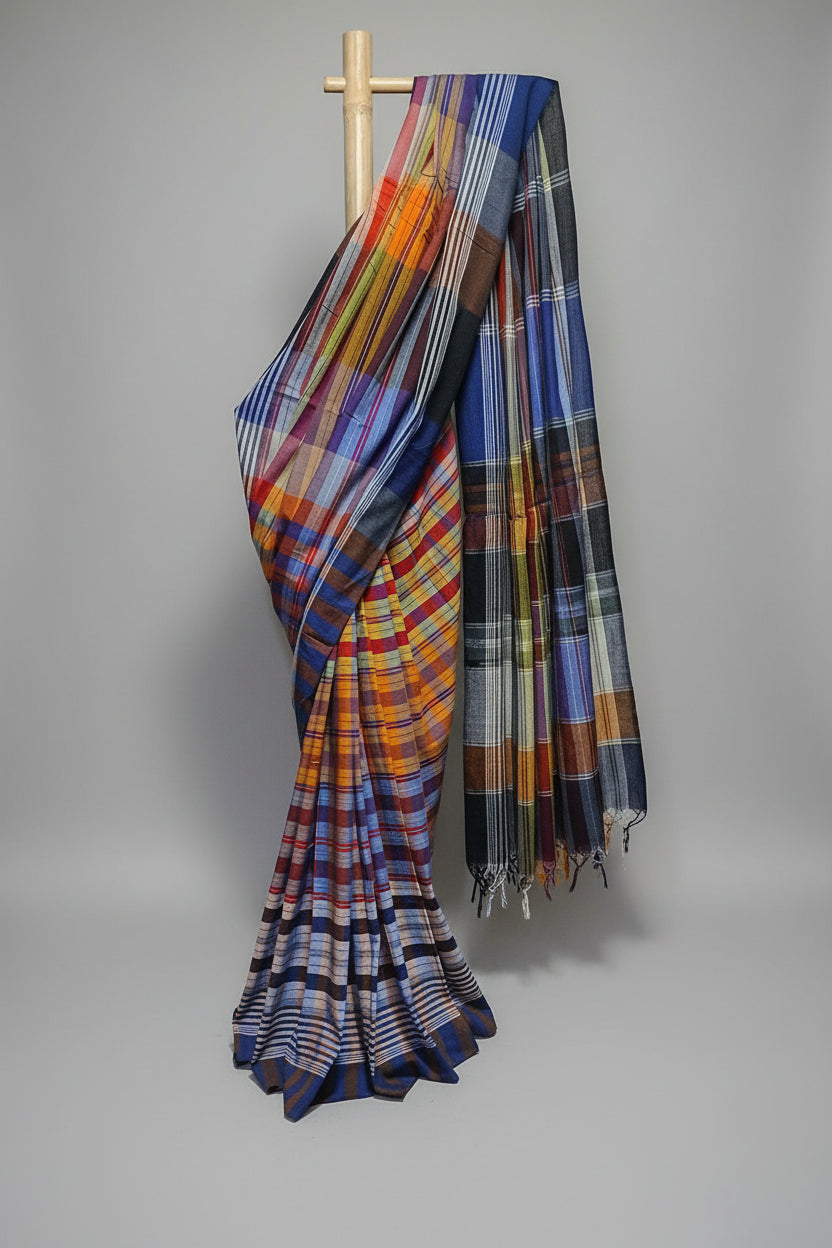 Colorful plaid saree draped over a wooden stick against a white background