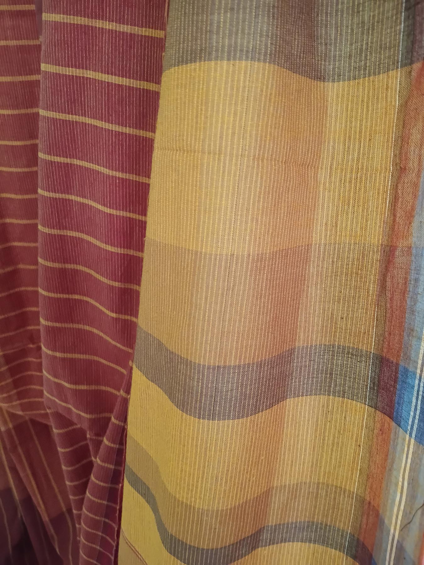 Handwoven Gamchha Saree in Burgundy and Mustard Yellow Checks