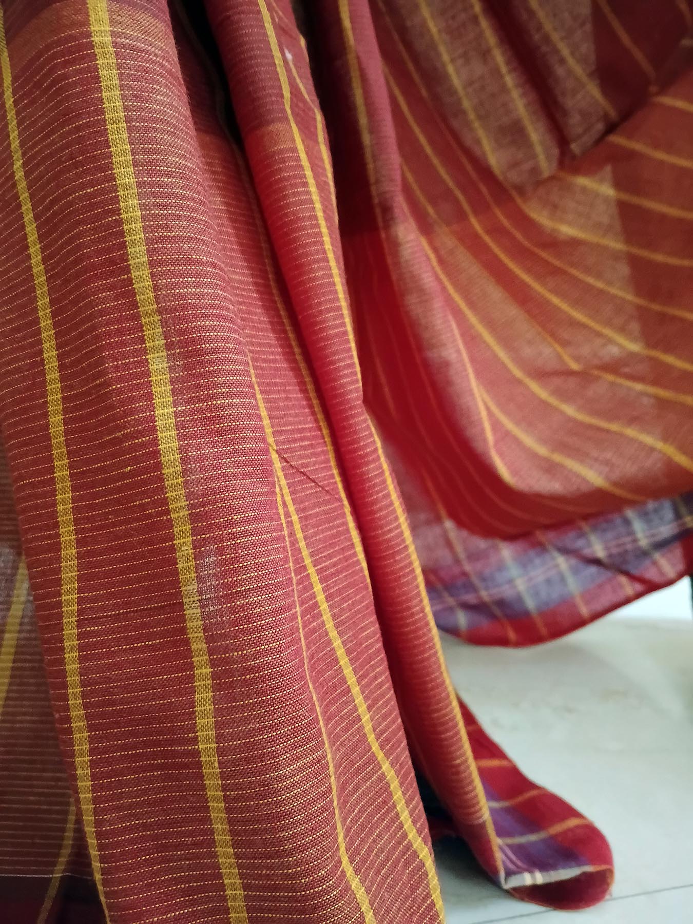 Handwoven Gamchha Saree in Burgundy and Mustard Yellow Checks