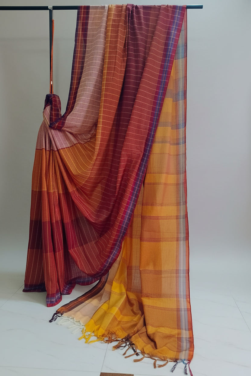 Handwoven Gamchha Saree in Burgundy and Mustard Yellow Checks