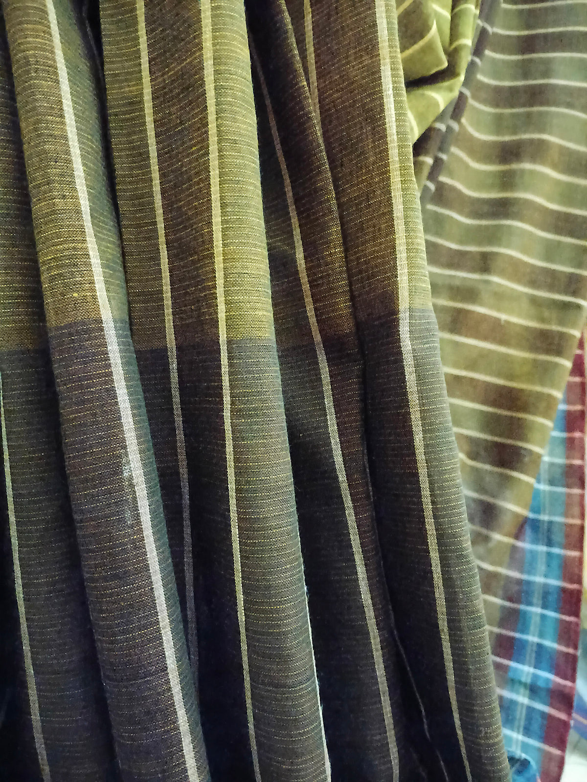 Teal Olive Brown Handloom Gamchha Saree