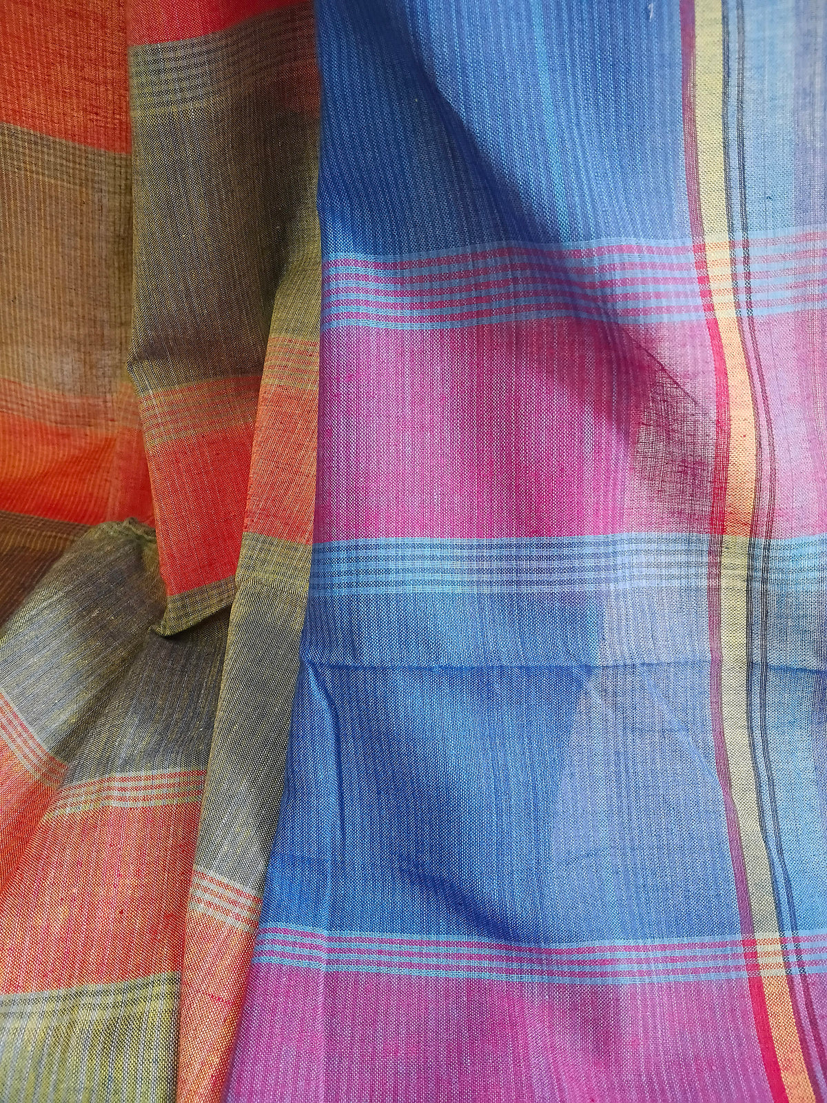 Olive Coral Blue Multicolour Handloom Gamchha Saree
