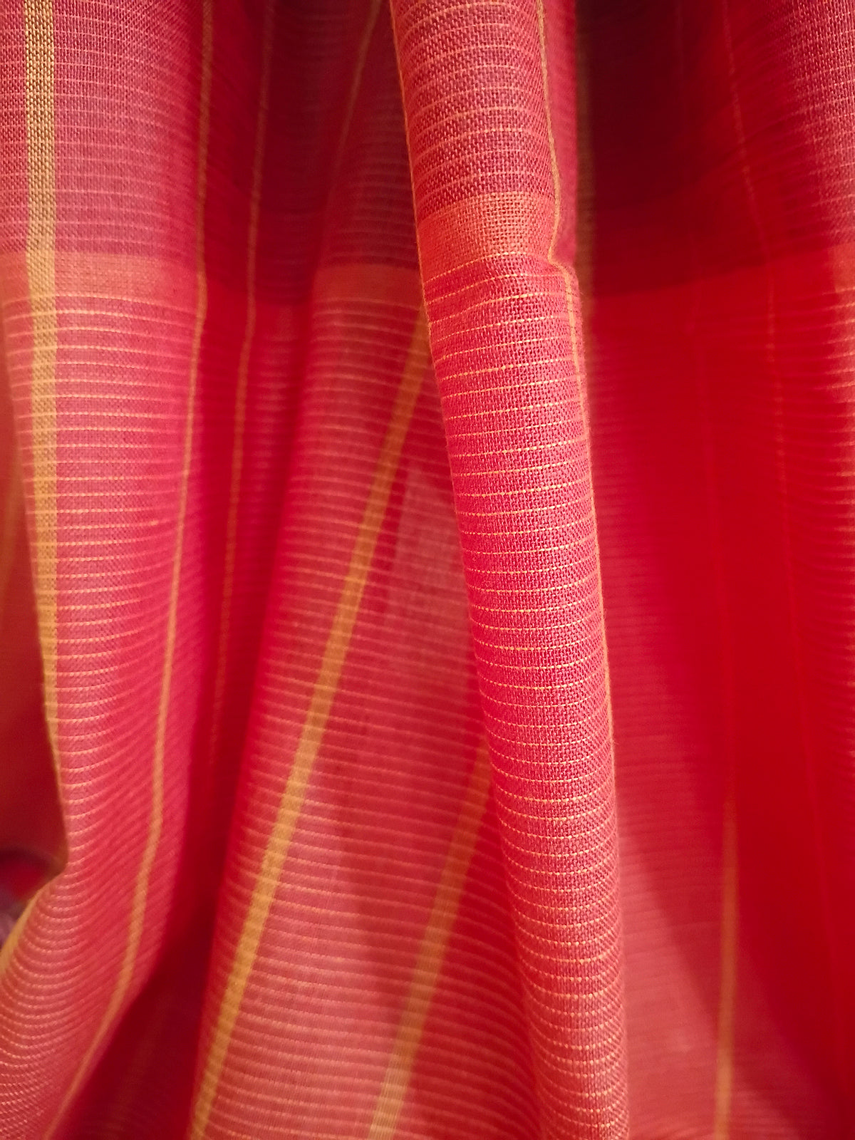Red & Coral Striped Handloom Saree with Multicolour Checked Pallu
