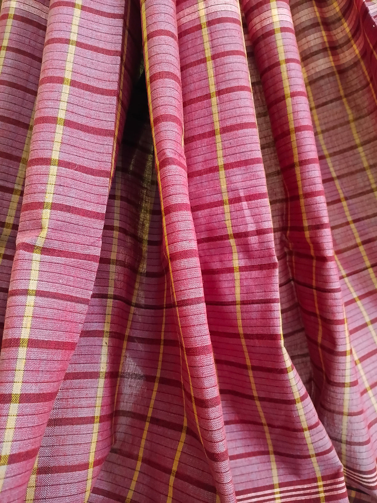 Plum & Beige Checked Handloom Saree with Blue Accents
