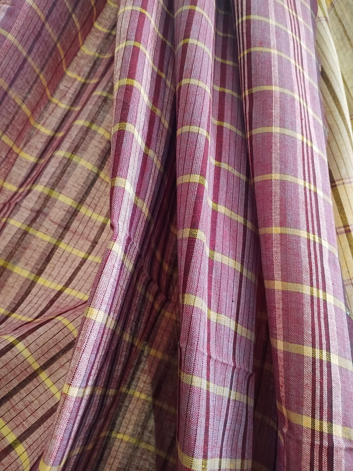 Plum & Beige Checked Handloom Saree with Blue Accents