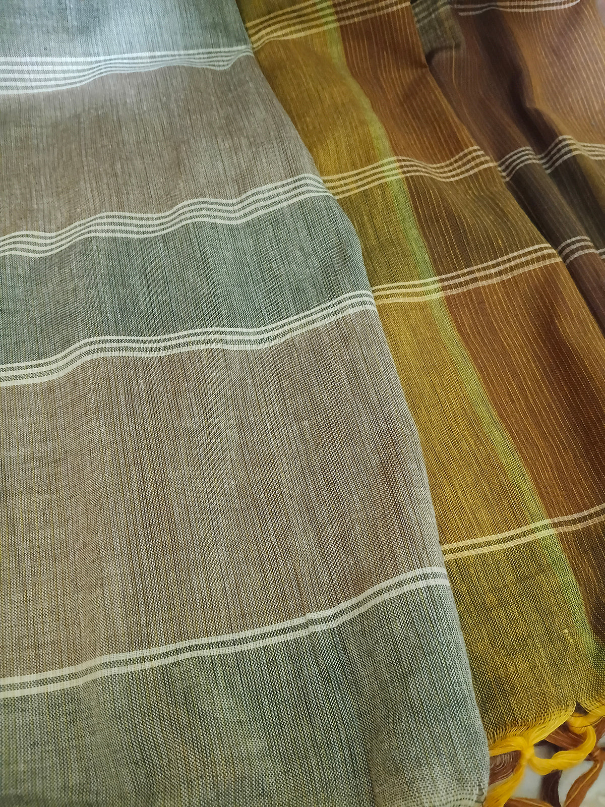 Mustard & Brown Striped Handloom Saree