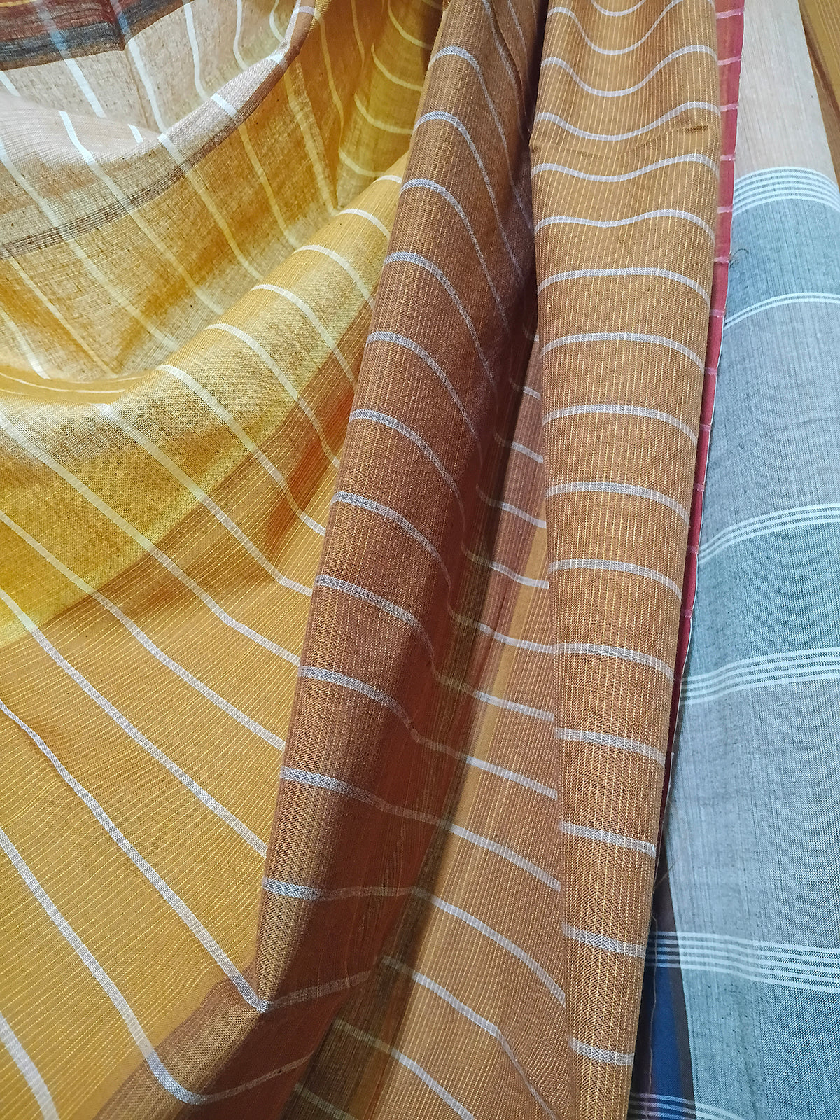 Mustard & Brown Striped Handloom Saree