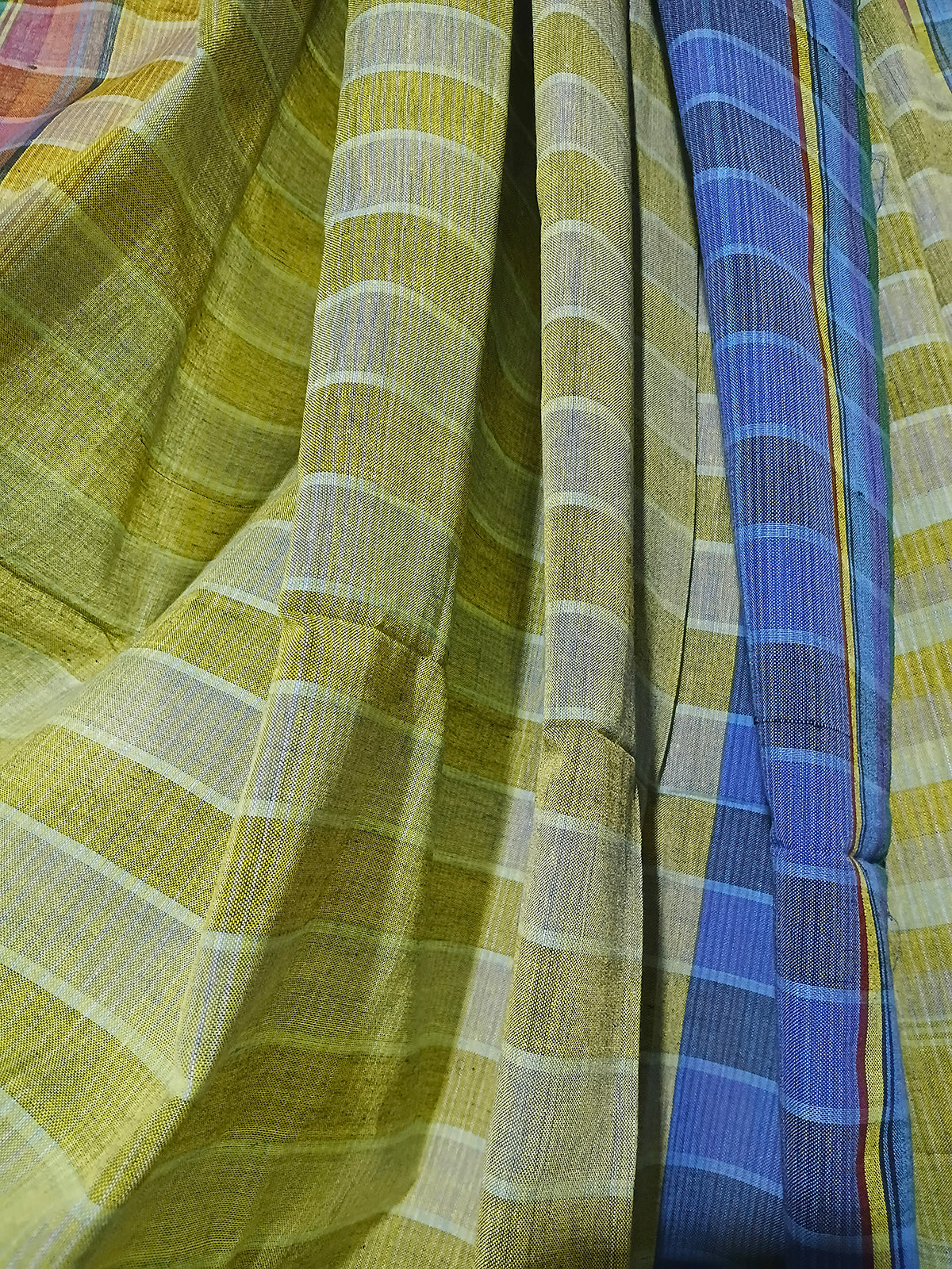 Olive Green & Blue Checked Handloom Saree