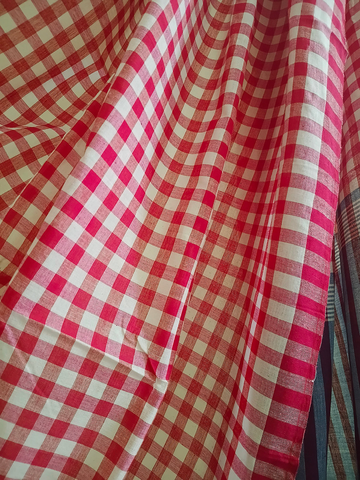 Pink & White Checked Handloom Saree with Striped Pallu
