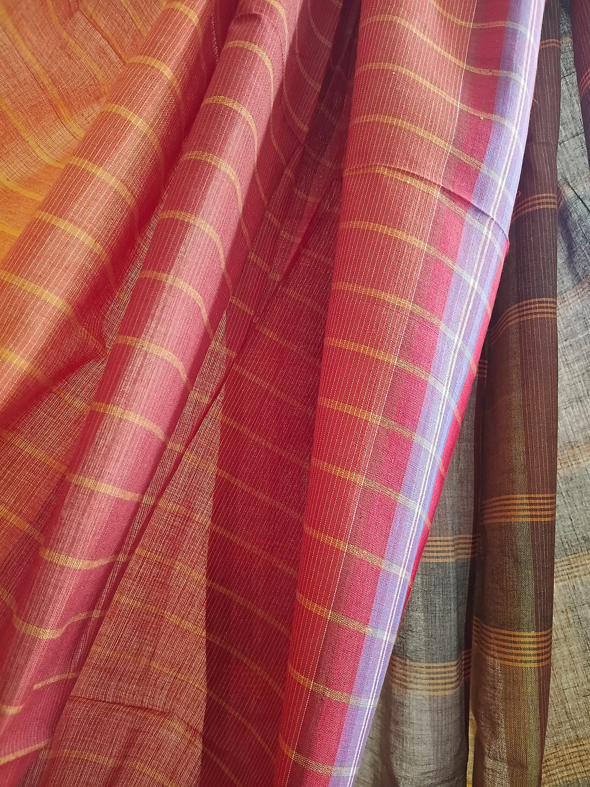 Rust & Pink Striped Handloom Cotton Saree