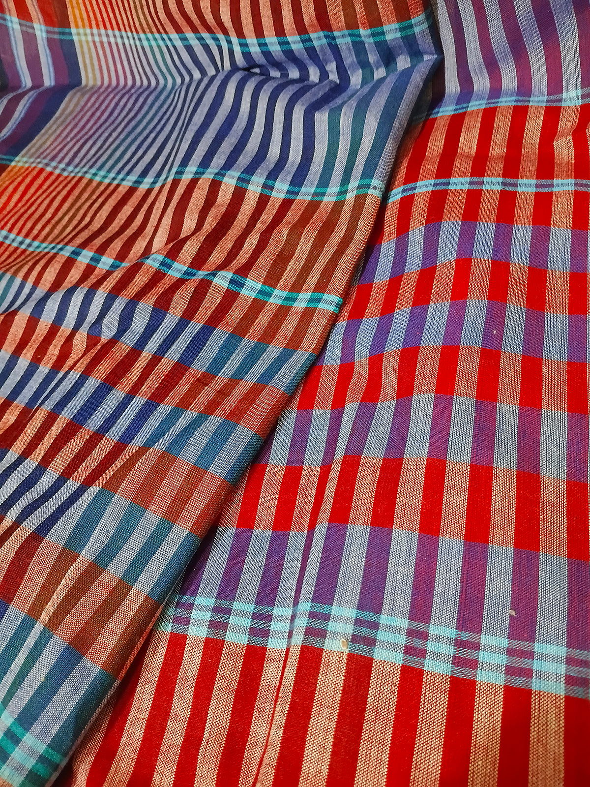 Red & Blue Checked Handloom Saree