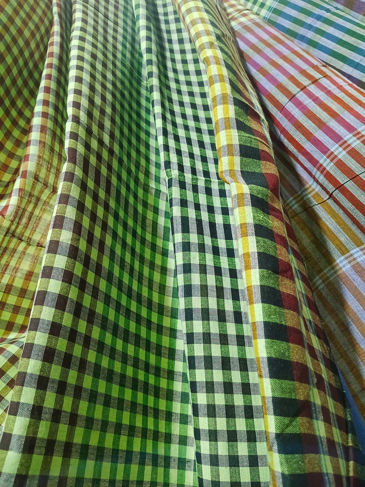 Green & Multicolour Checked Handloom Saree
